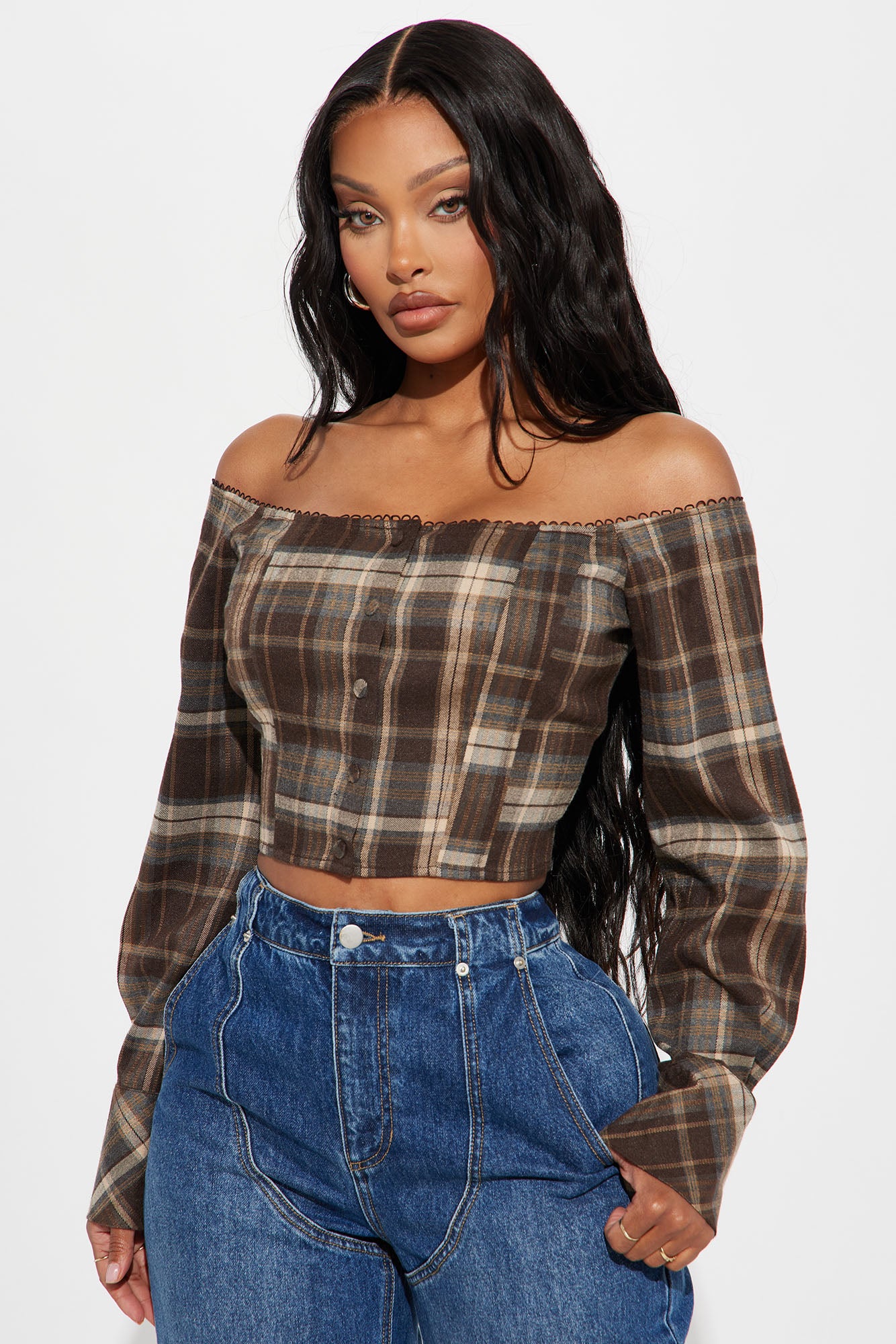 Beeba Plaid Off Shoulder Top