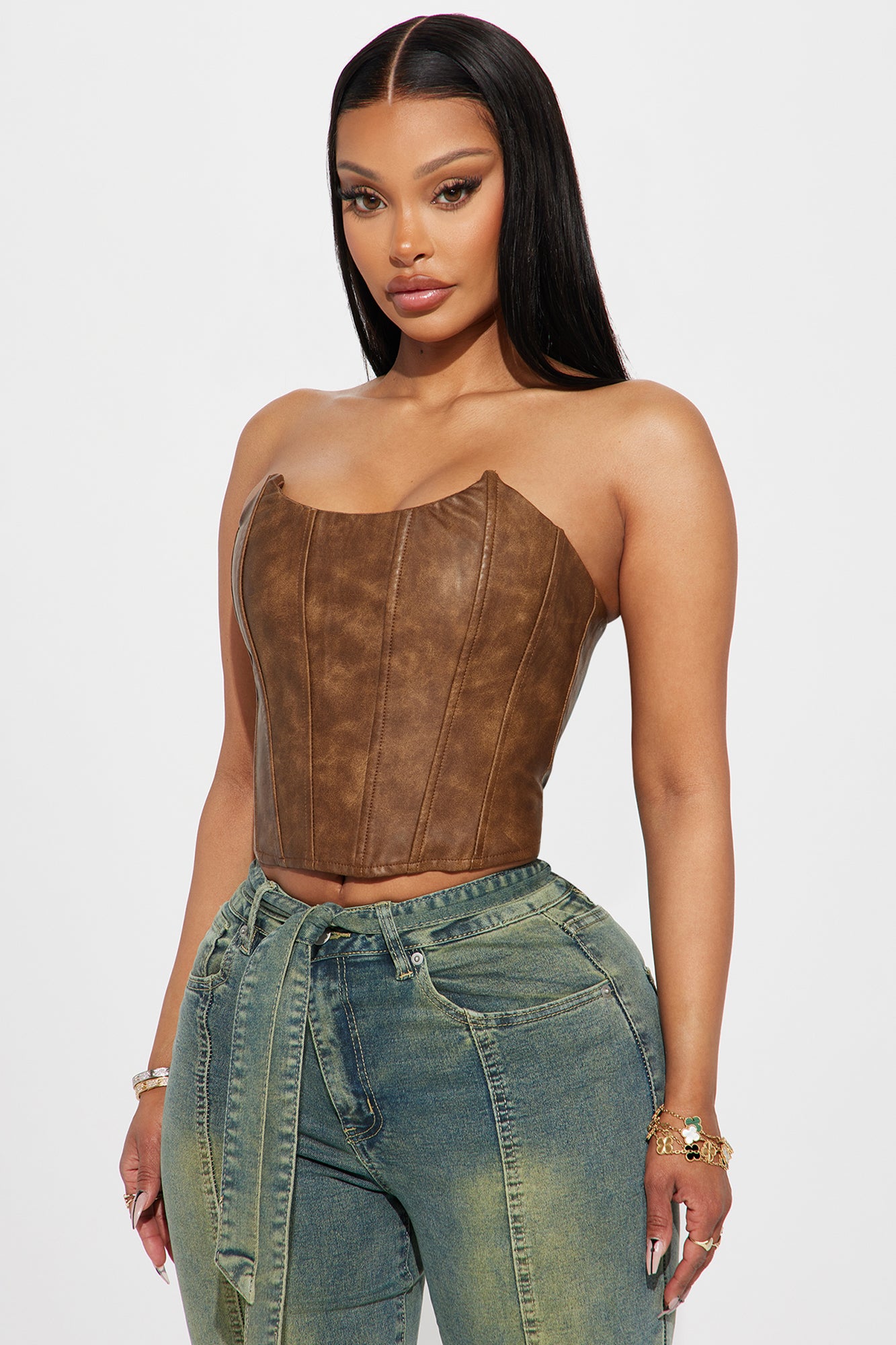 My Way Washed Faux Leather Corset Top