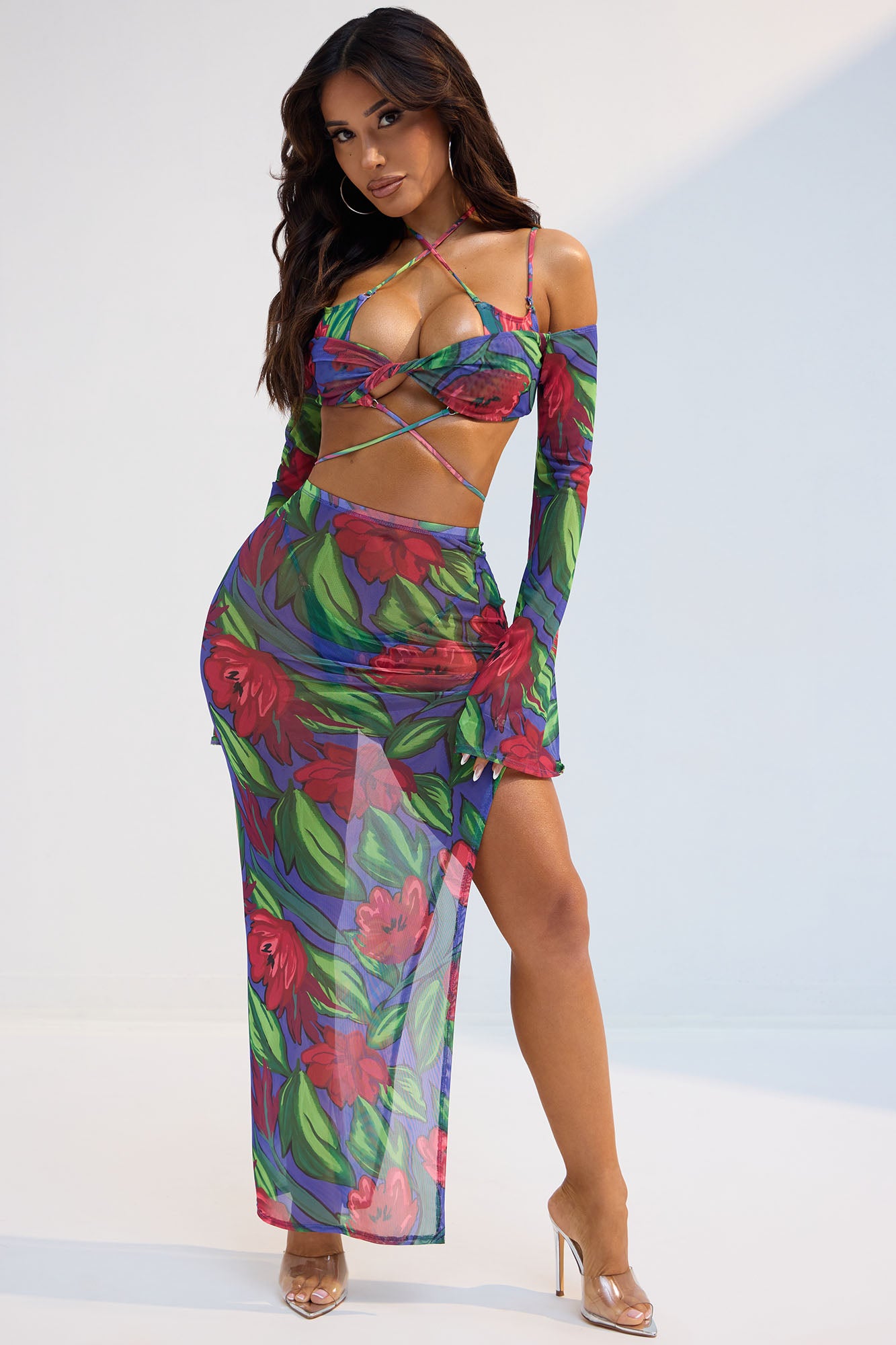 Sultry Summer Bell Sleeve Mesh Cover Up Skirt Set