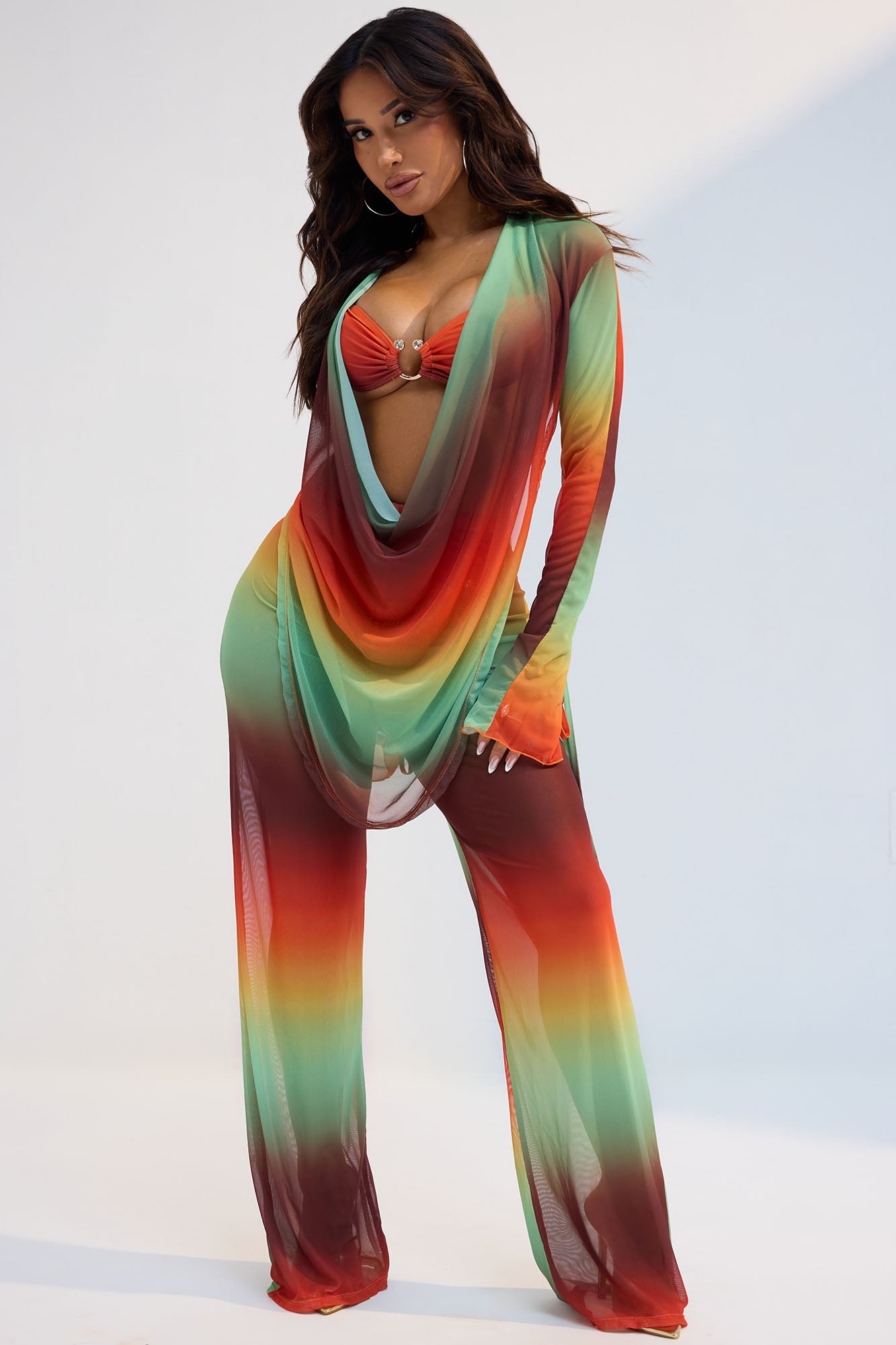 Summer Muse Cowl Neck Mesh Cover Up Pants Set