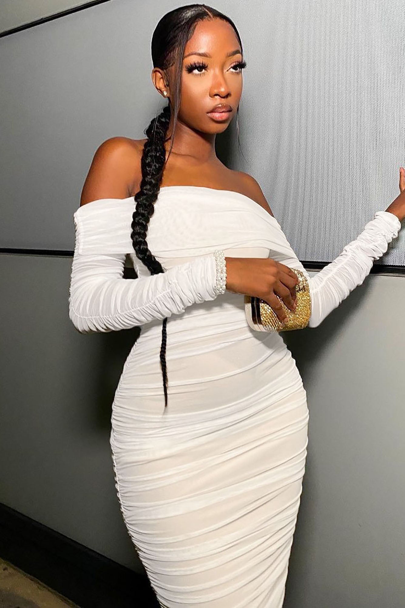 Ready In A Ruched Off Shoulder Midi Dress
