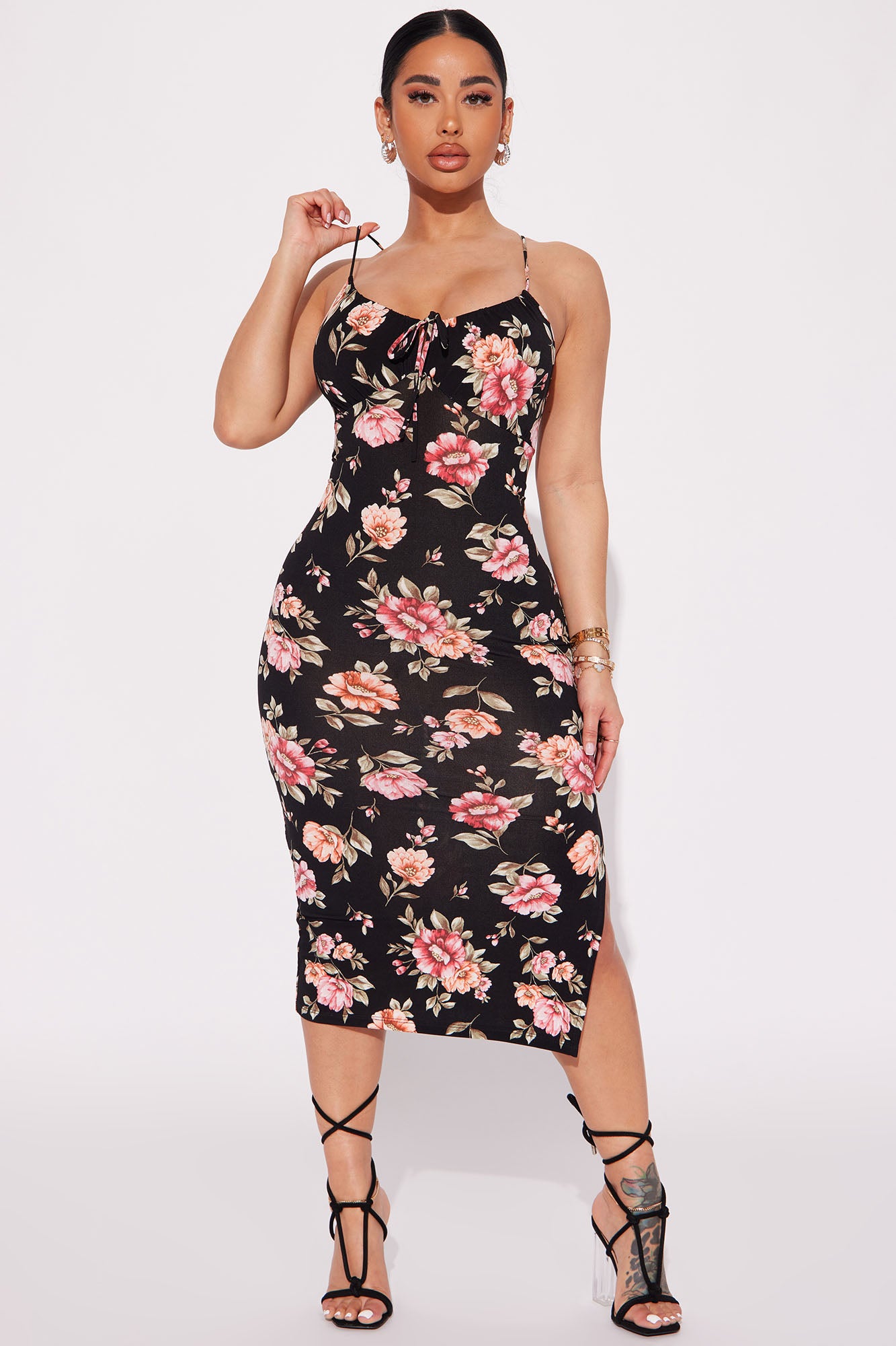 Floral Lace Up Midi Dress