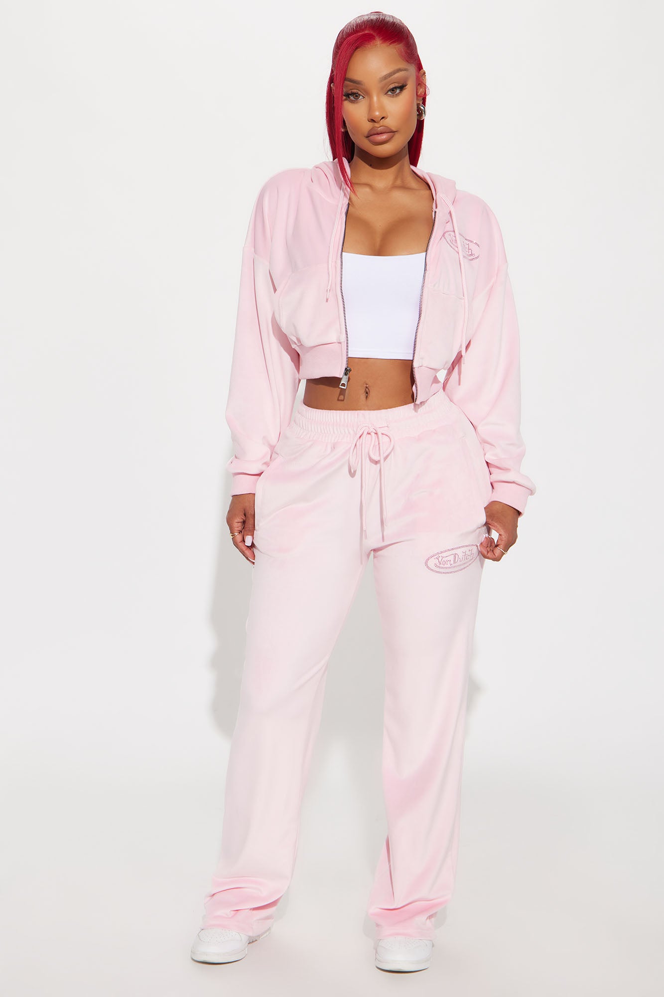 Von Dutch Velour Rhinestone Wide Leg Pant