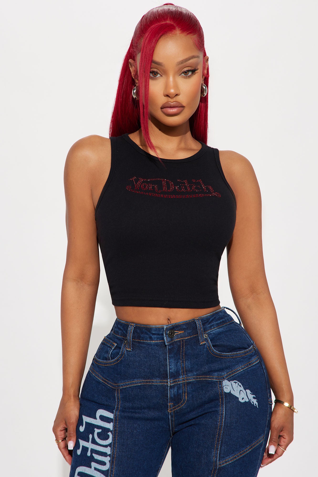 Von Dutch Rhinestone Cropped Tank Top