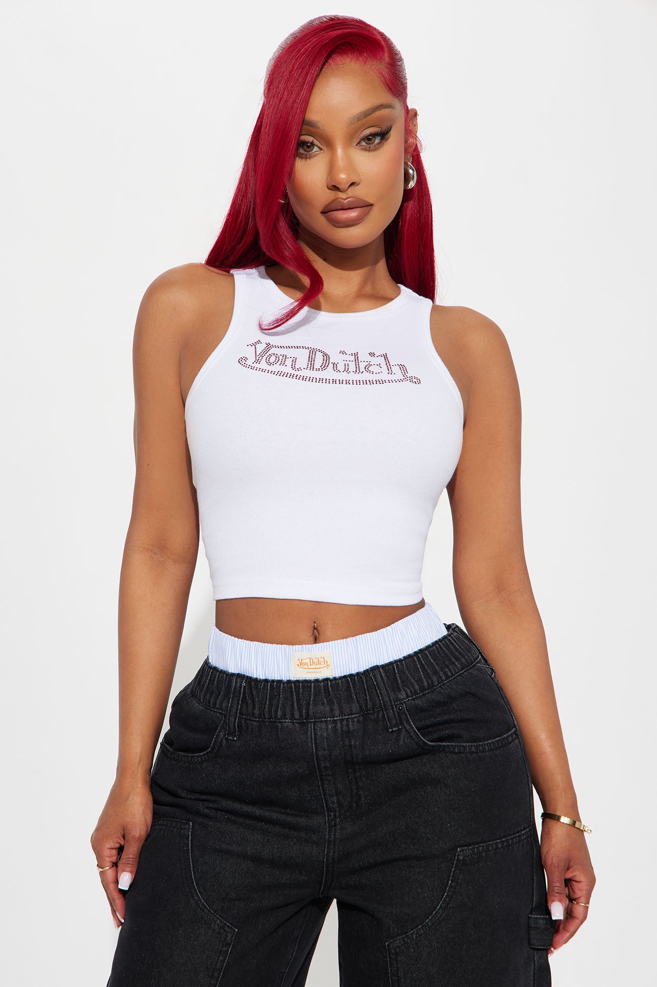 Von Dutch Rhinestone Cropped Tank Top