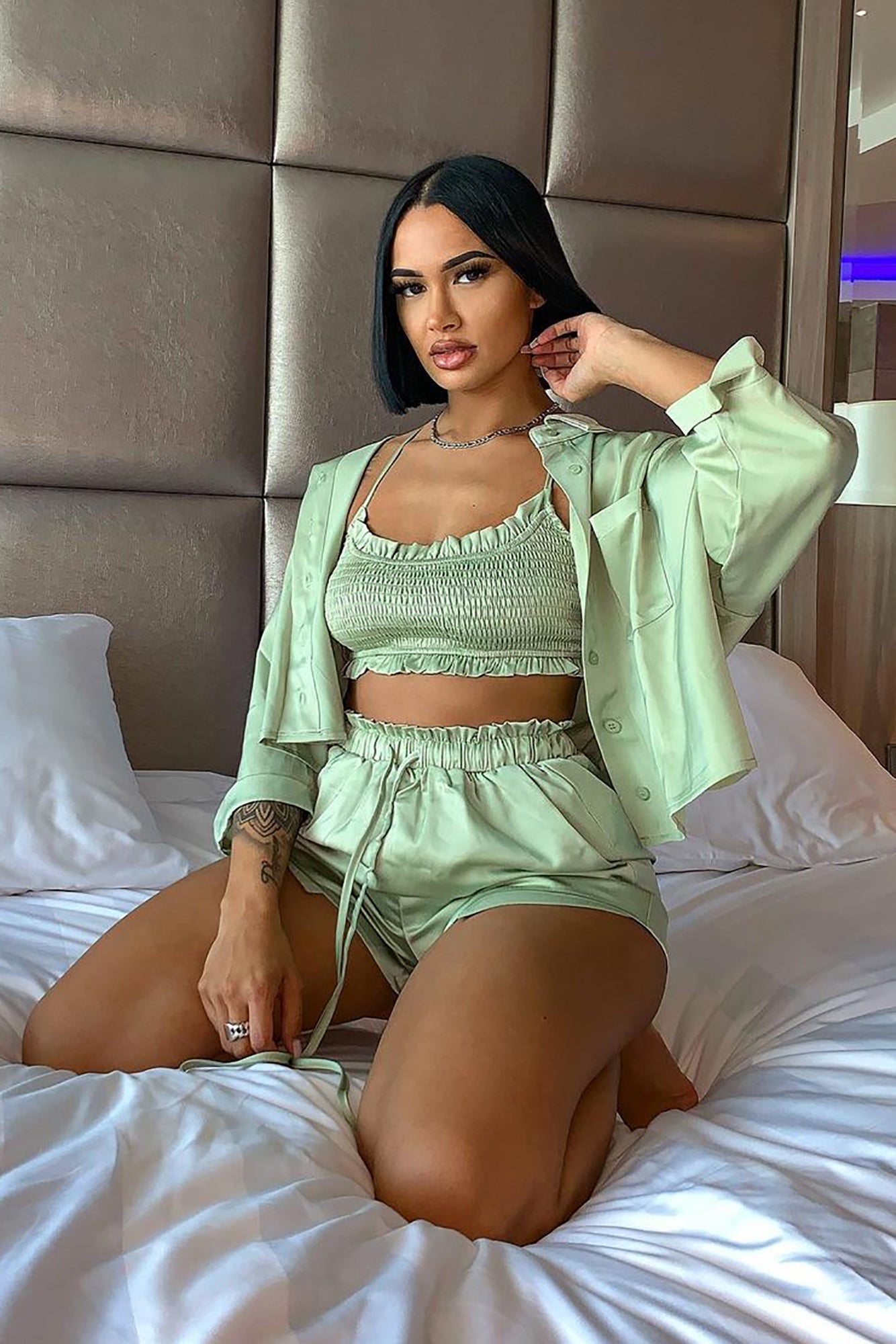 Maxin And Relaxin 3 Piece Satin Short Set