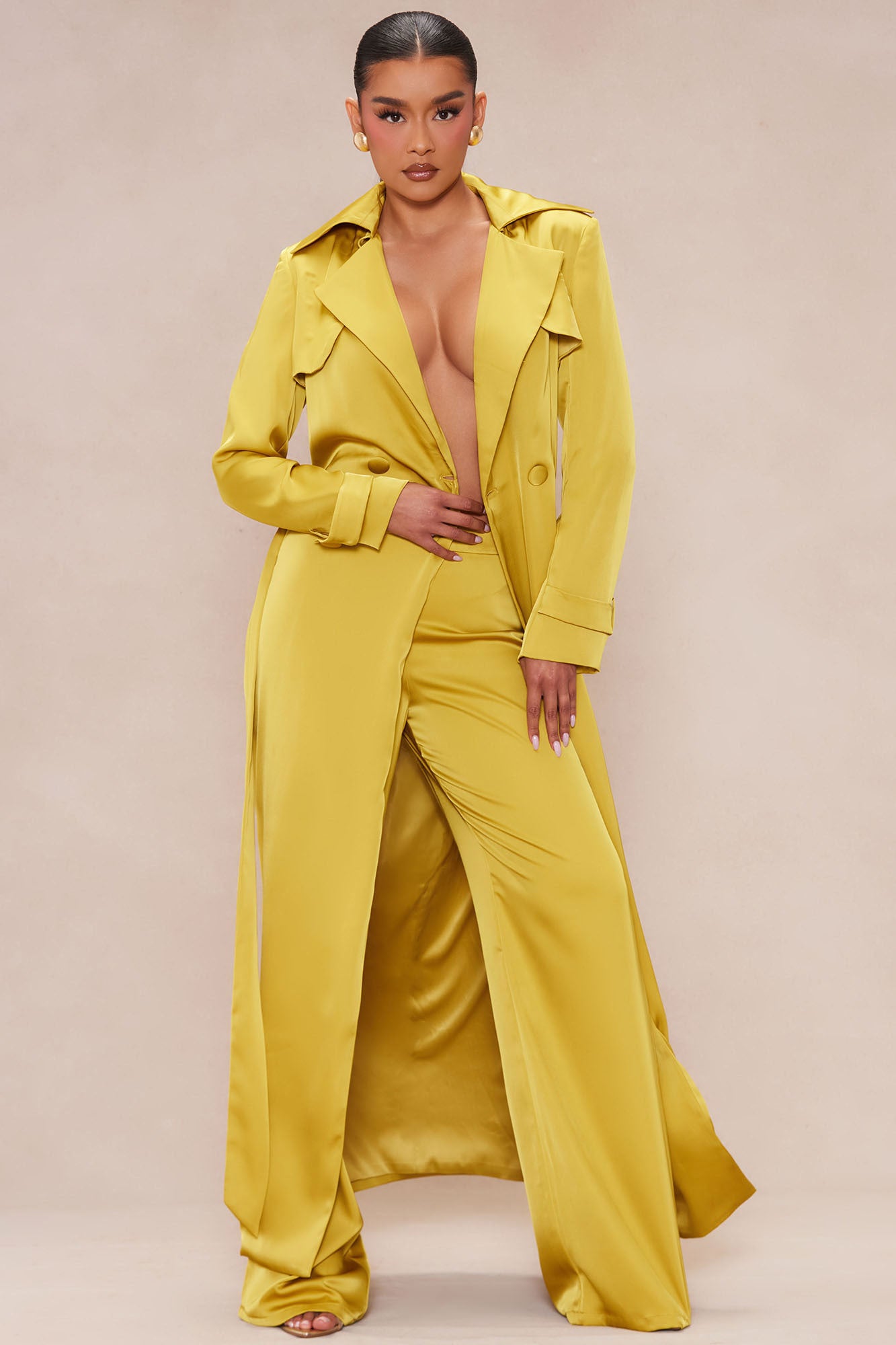 Gabriella Satin Trench Coat And Pant Set