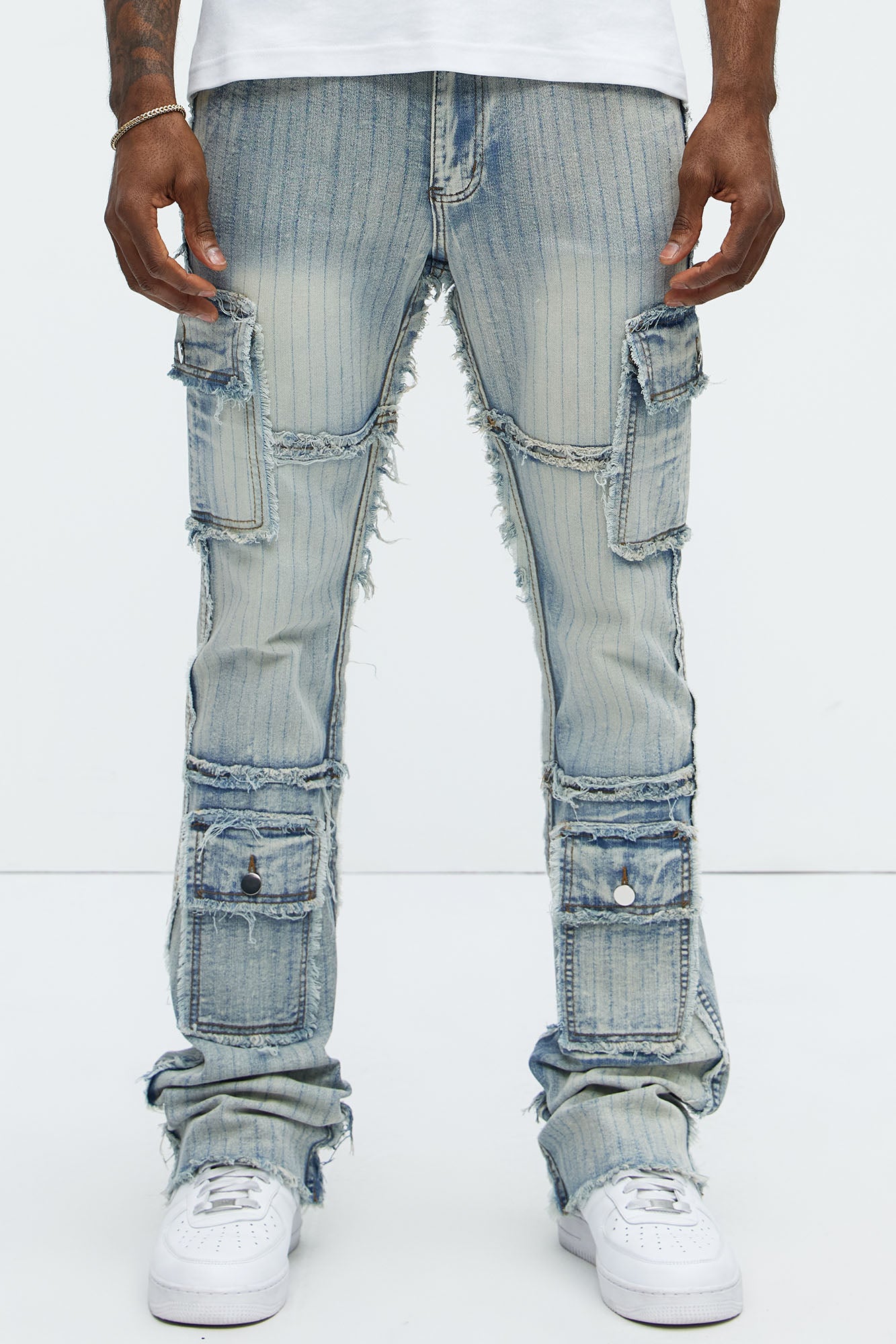 Stitched Down Cargo Stacked Skinny Flare Jeans