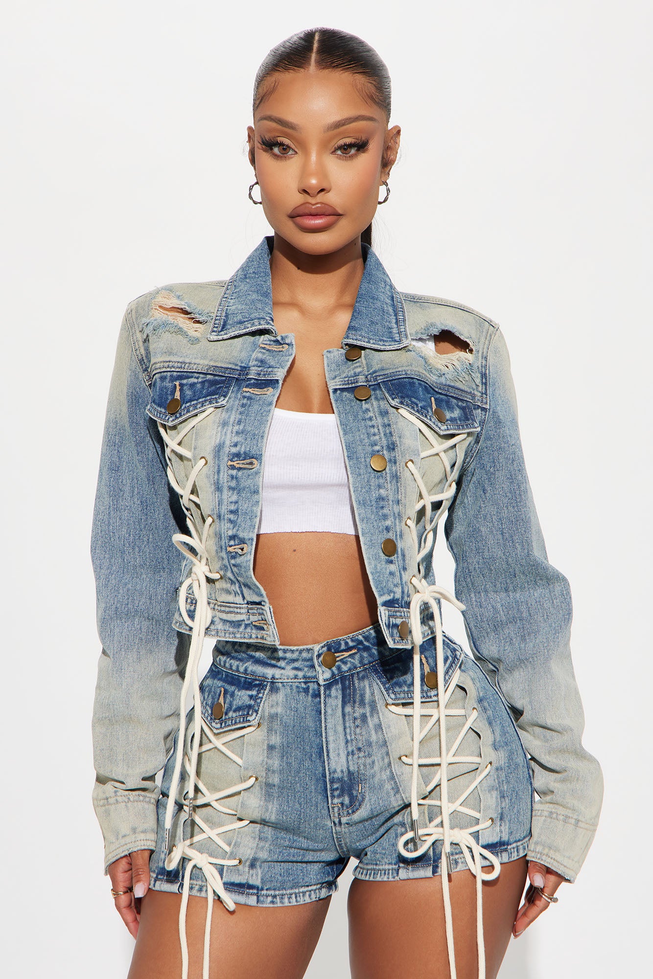 Reaching New Levels Lace Up Denim Jacket