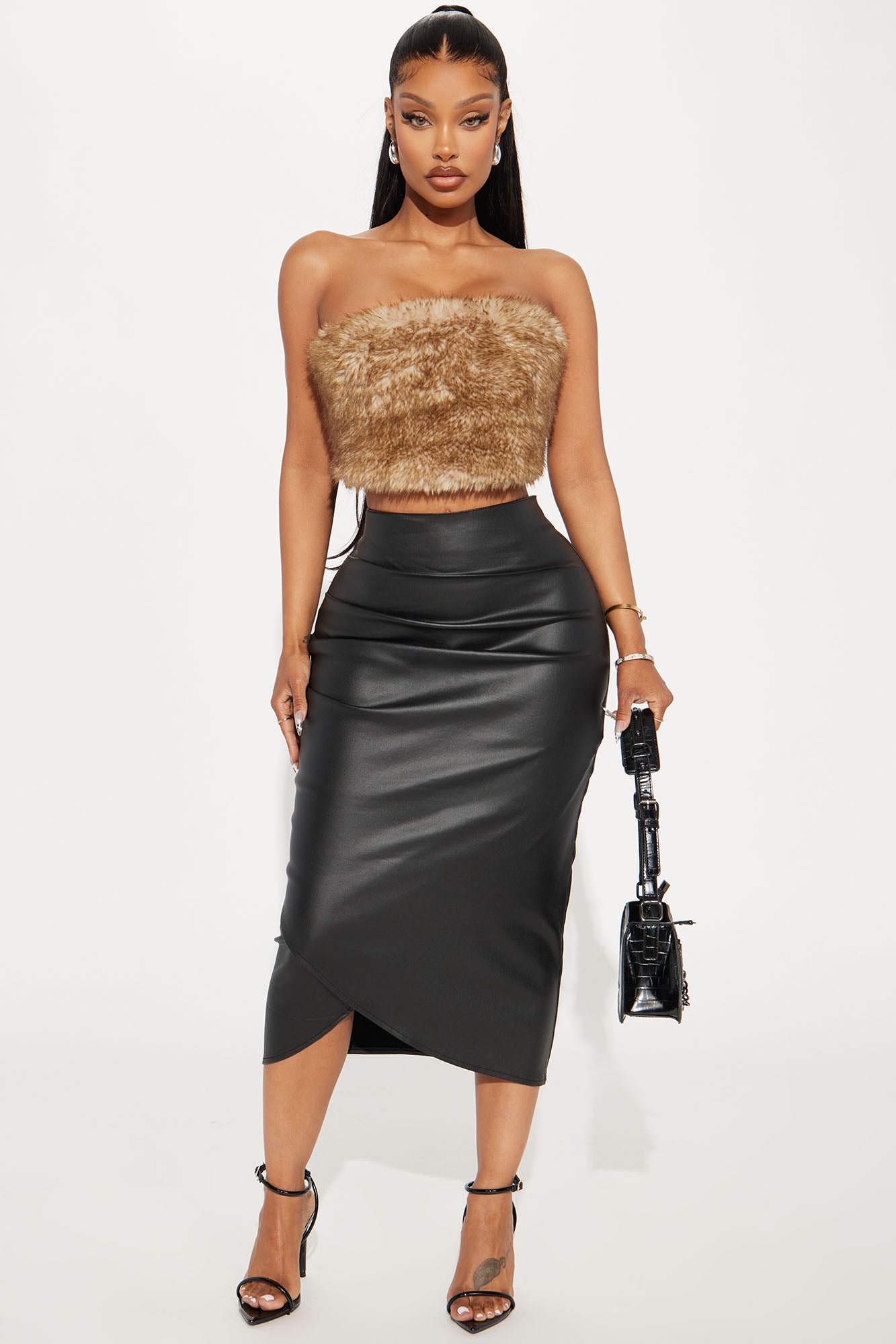 Yes Darling Coated Faux Leather Midi Skirt