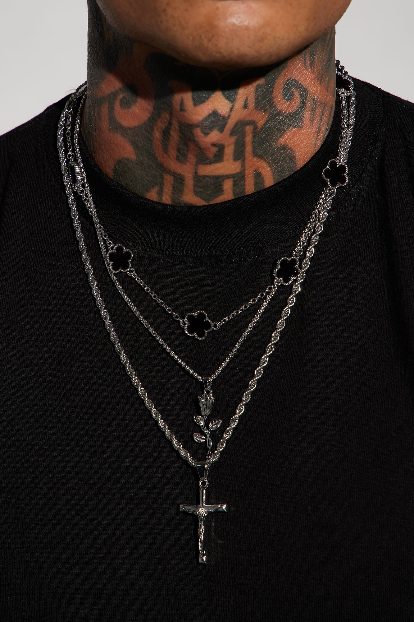 Rose Cross Clover 3 Piece Chain Necklace