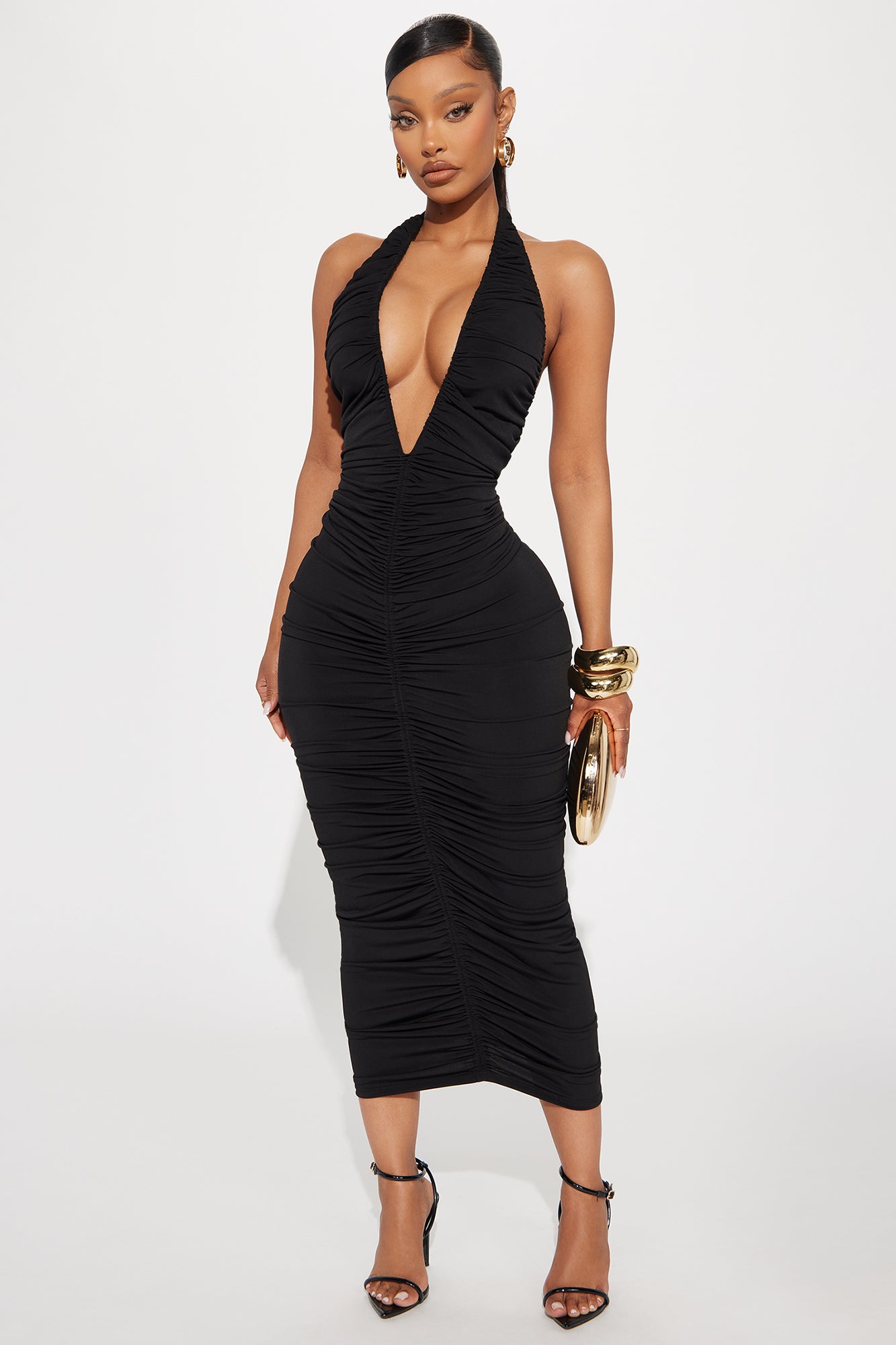 Keke Ruched Deep V Midi Dress