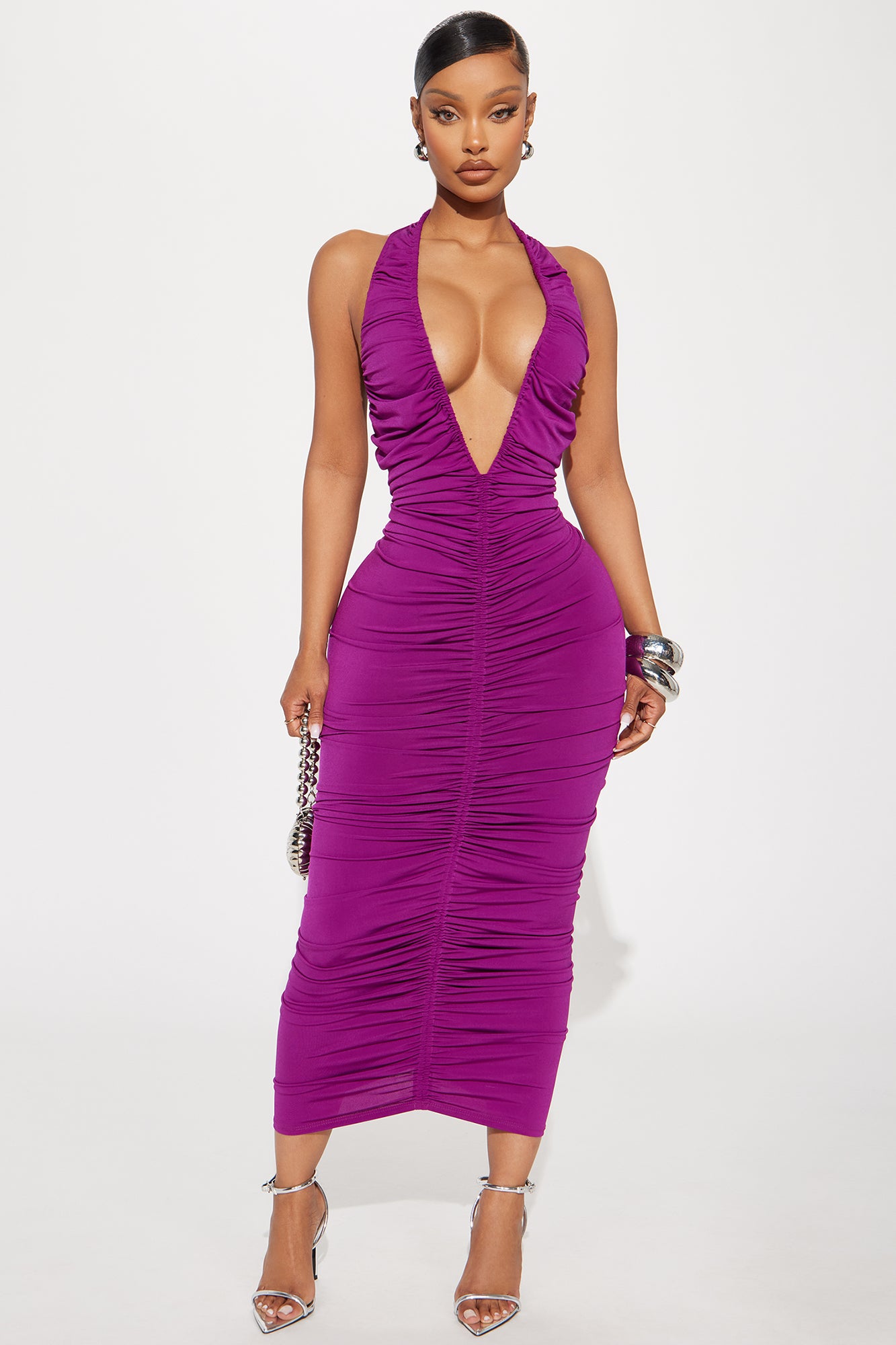 Keke Ruched Deep V Midi Dress