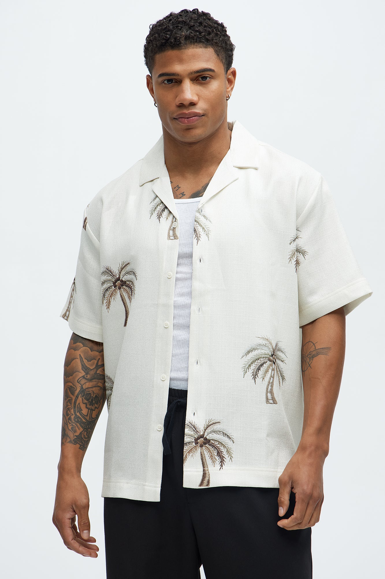 Palm Tree Linen Like Button Up Shirt