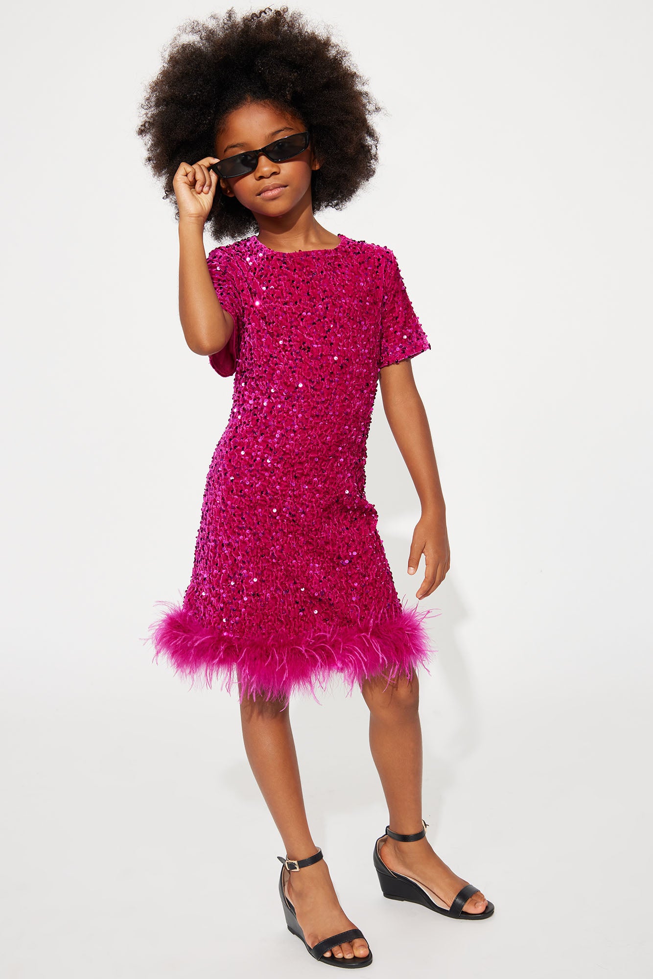 Mini Christy Sequin Feather Trim T-Shirt Mini Dress