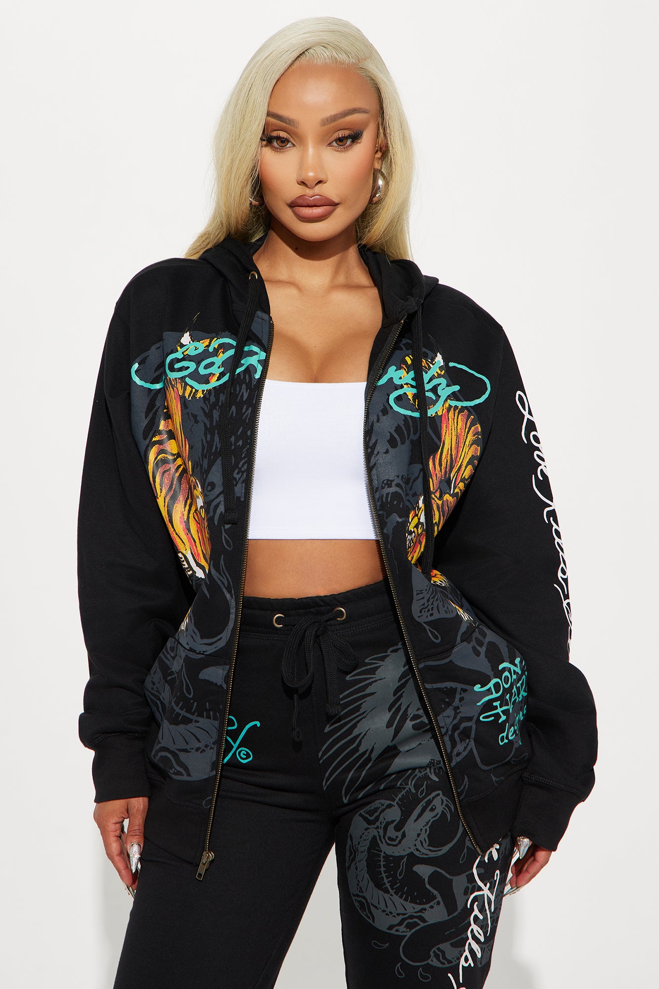 Ed Hardy Crawling Tigers Zip Front Hoodie