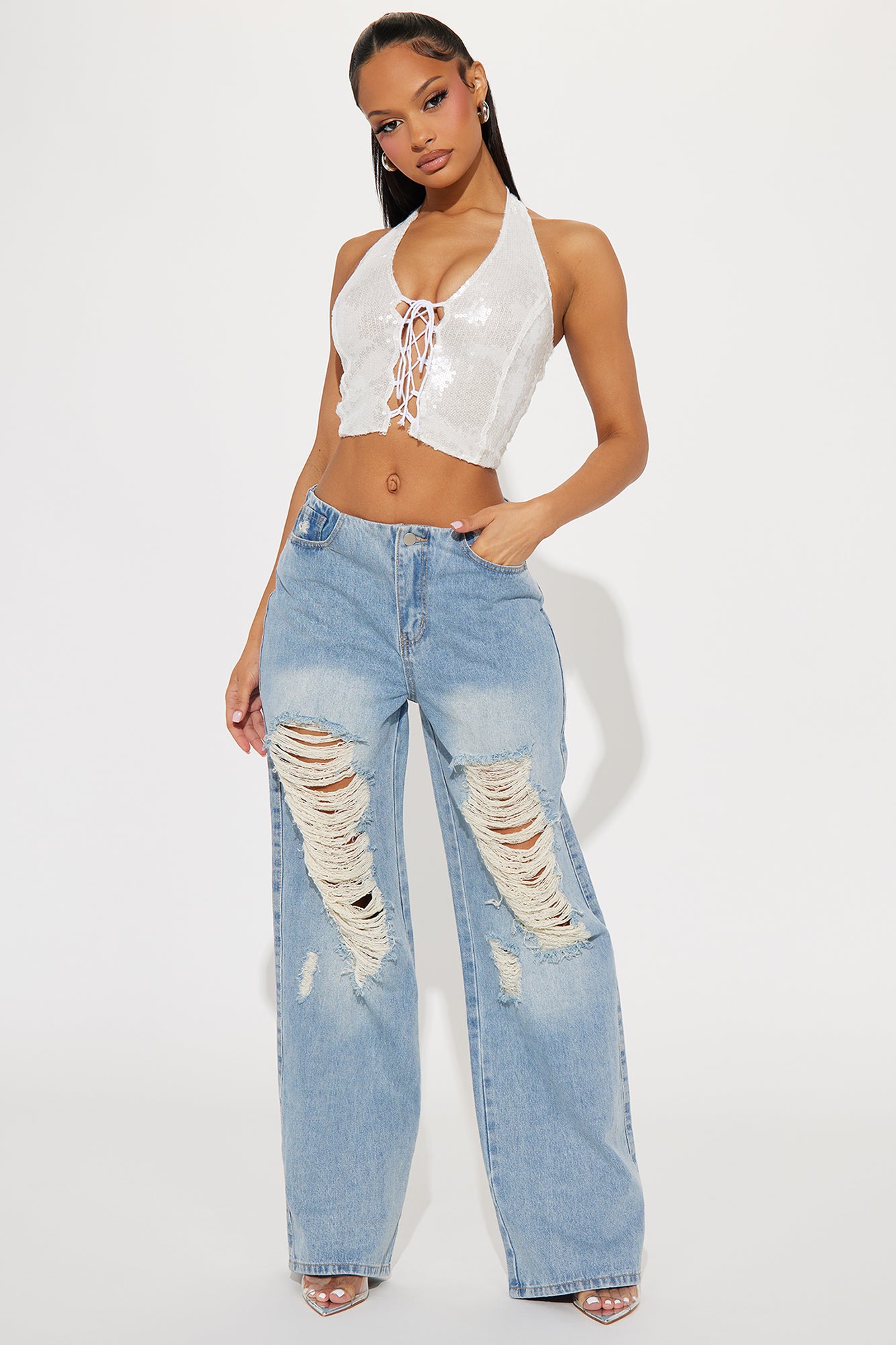 Taesha Non Stretch Destructed Wide Leg Jeans