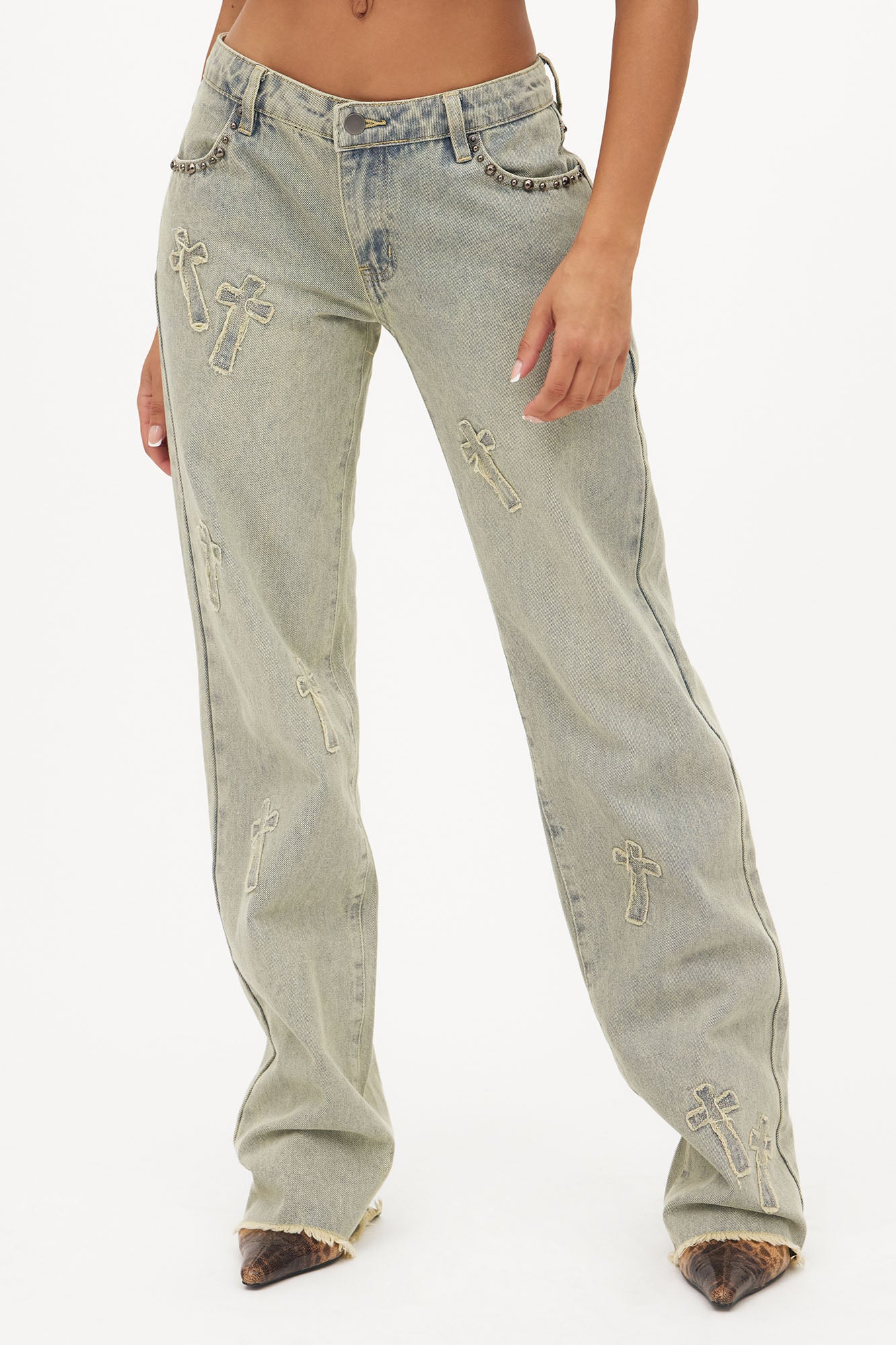 Rowdy Girl Studded Straight Leg Jeans