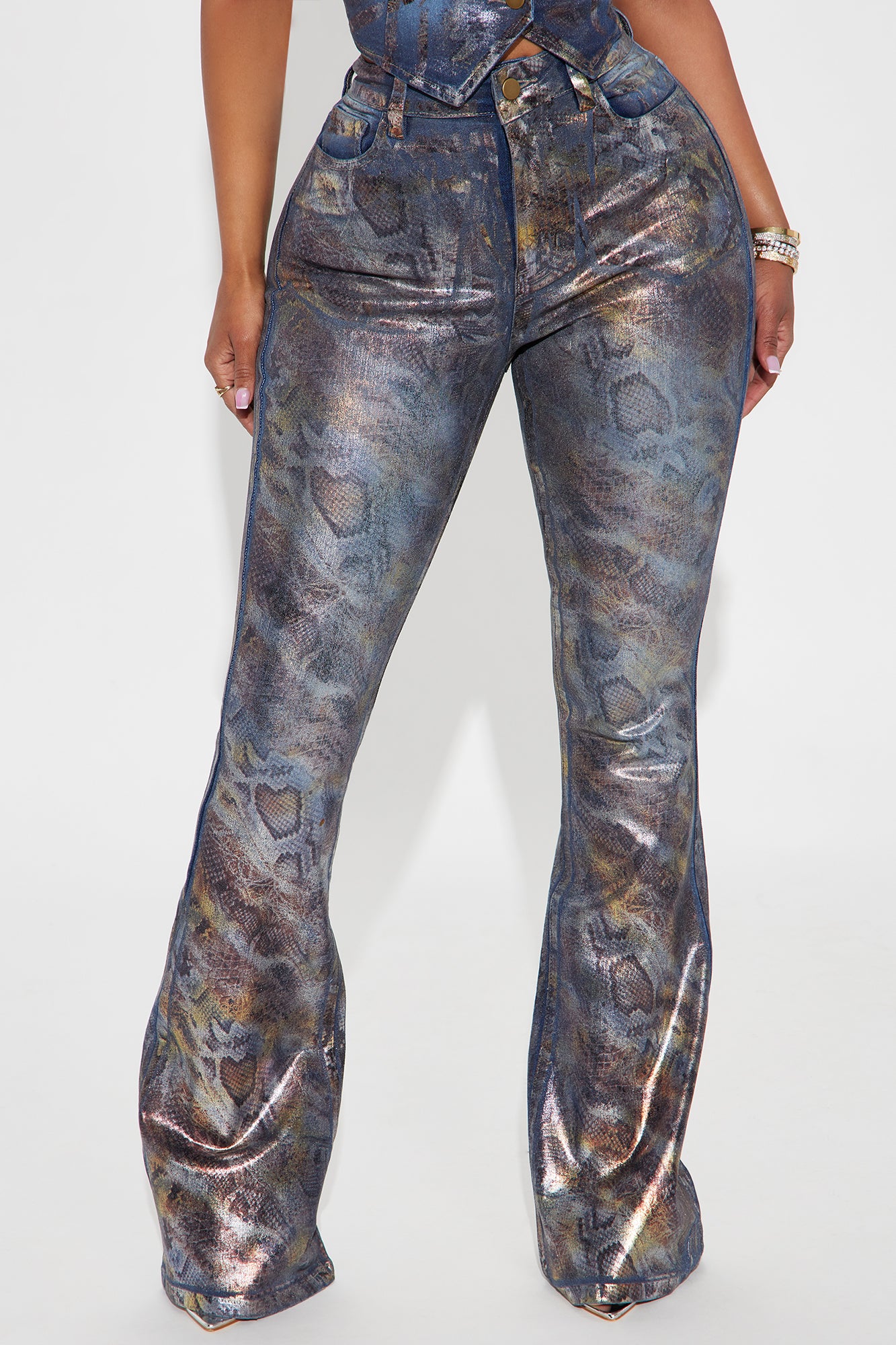 Sneaky Games Animal Print Foil Flare Jeans