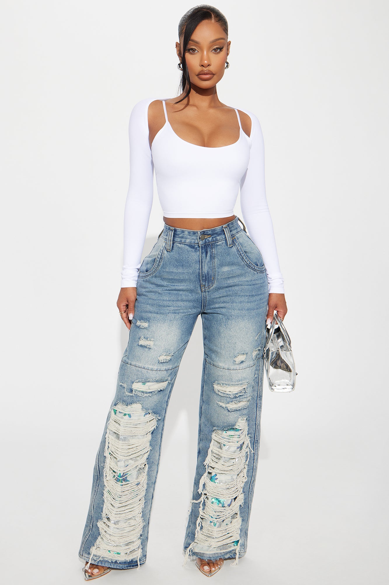 Coming Through Ripped Embellished Straight Leg Jeans