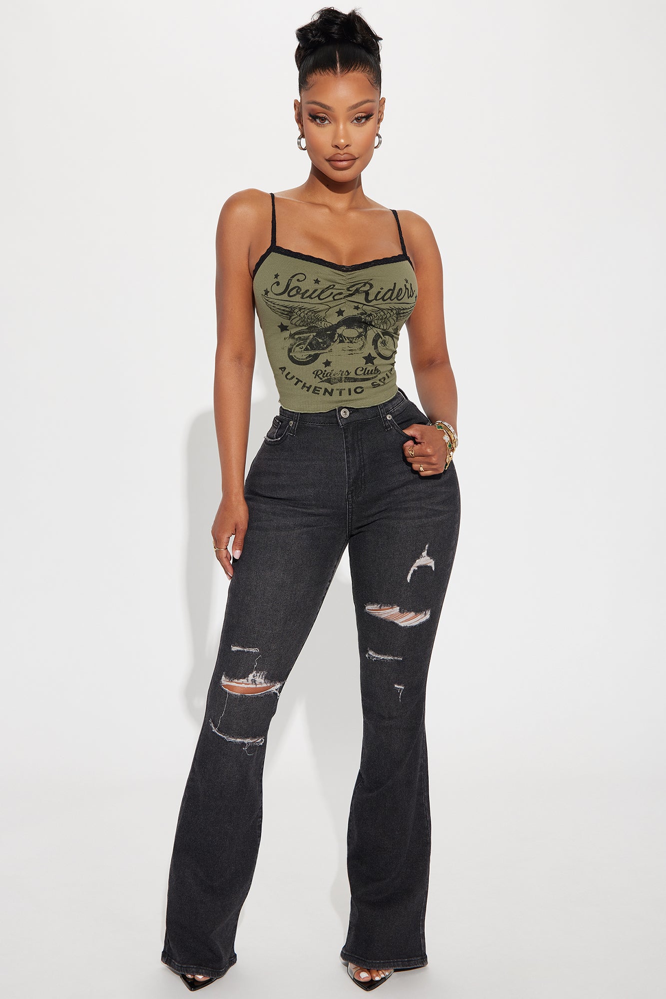 Put On A Show Ripped Stretch Flare Jeans