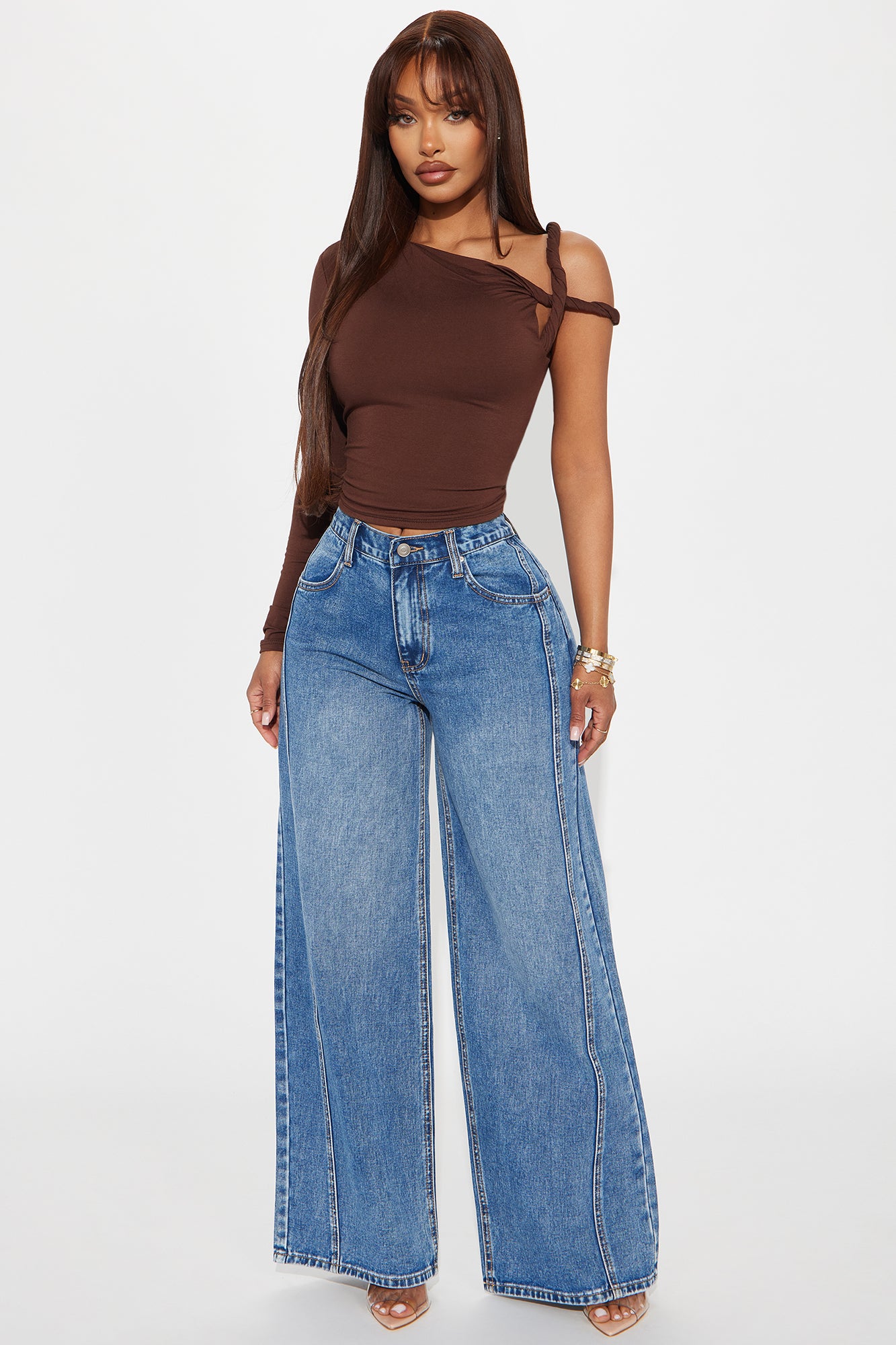 Harper Non Stretch Seamed Wide Leg Jeans