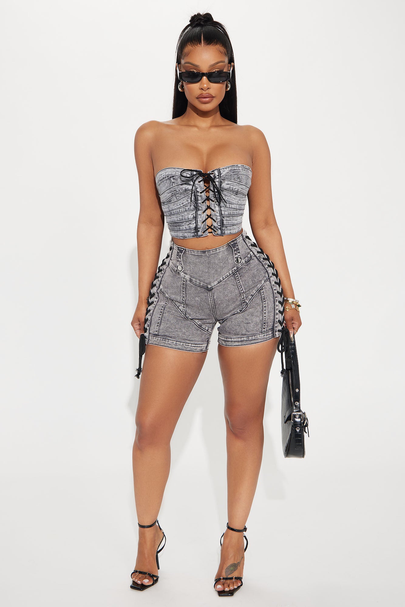 Most Likely Lace Up Stretch Denim Shorts