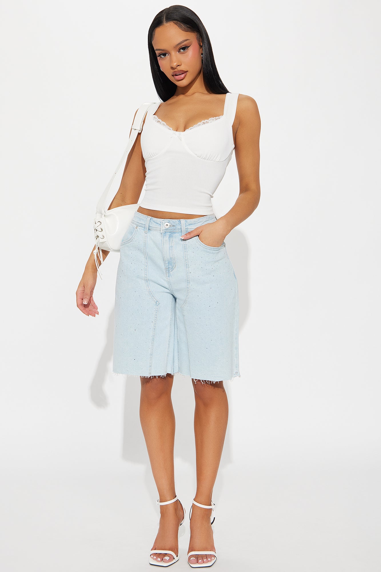 Shining On Embellished Stretch Denim Jort
