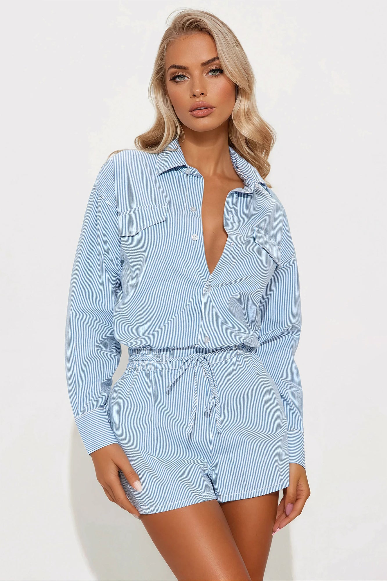 Coastal Girl Striped Denim Romper