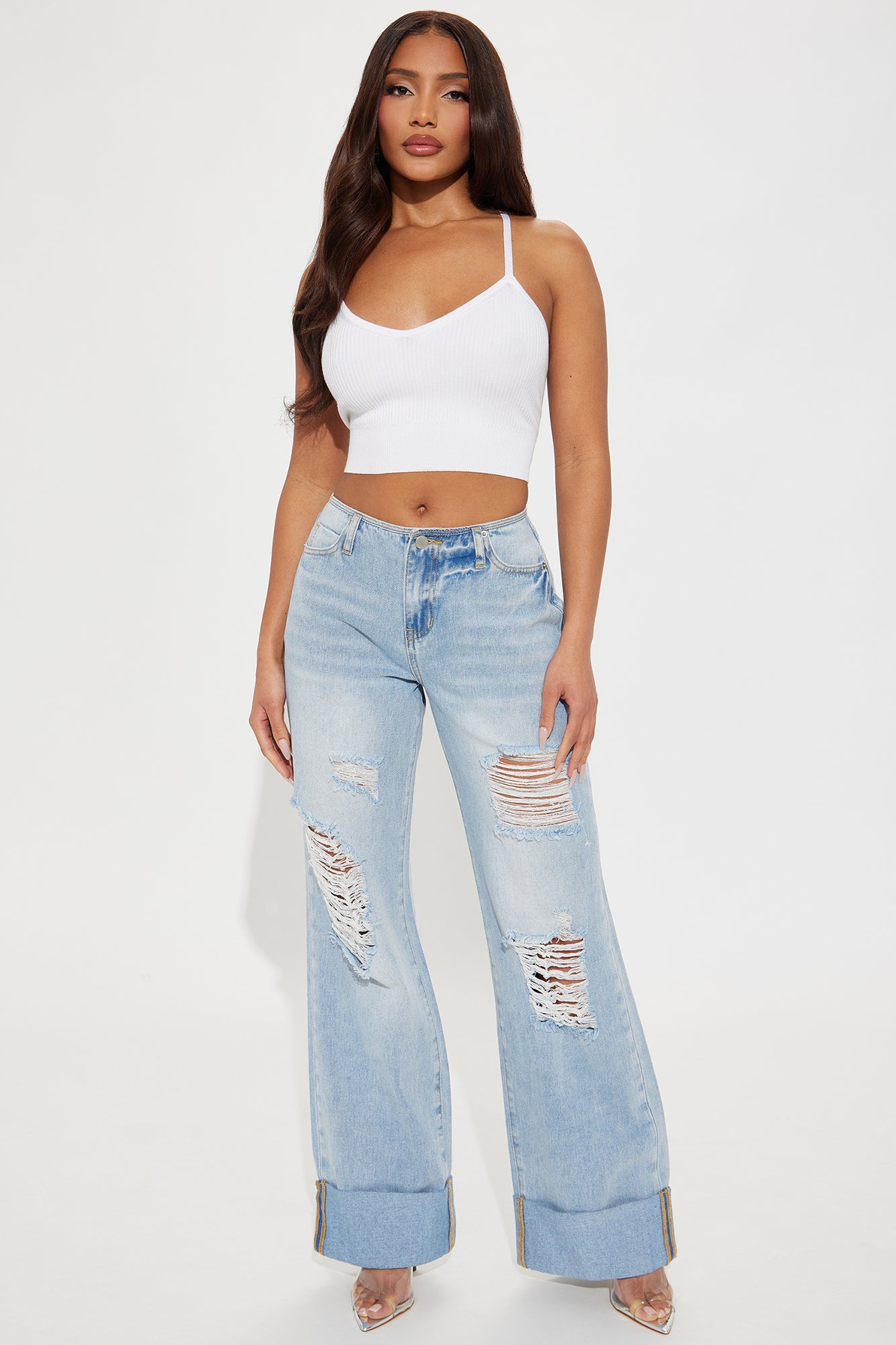 Wanna Be Loved Ripped Cuffed Baggy Jeans