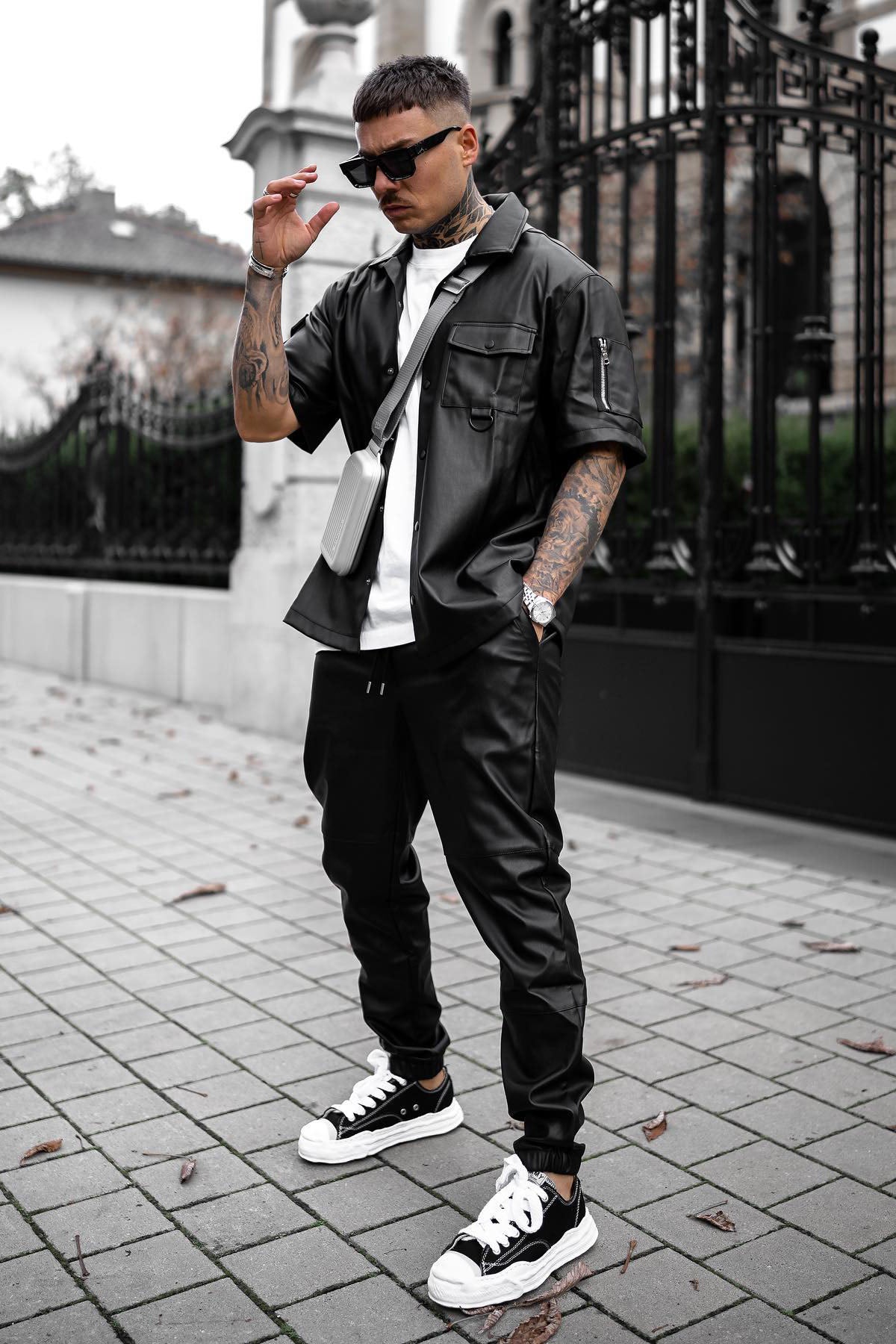 Utility Faux Leather Short Sleeve Button Up Shirt