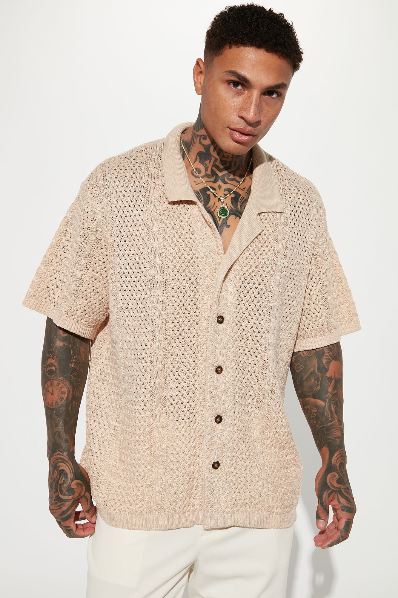 Unwind Cable Knit Short Sleeve Button Up