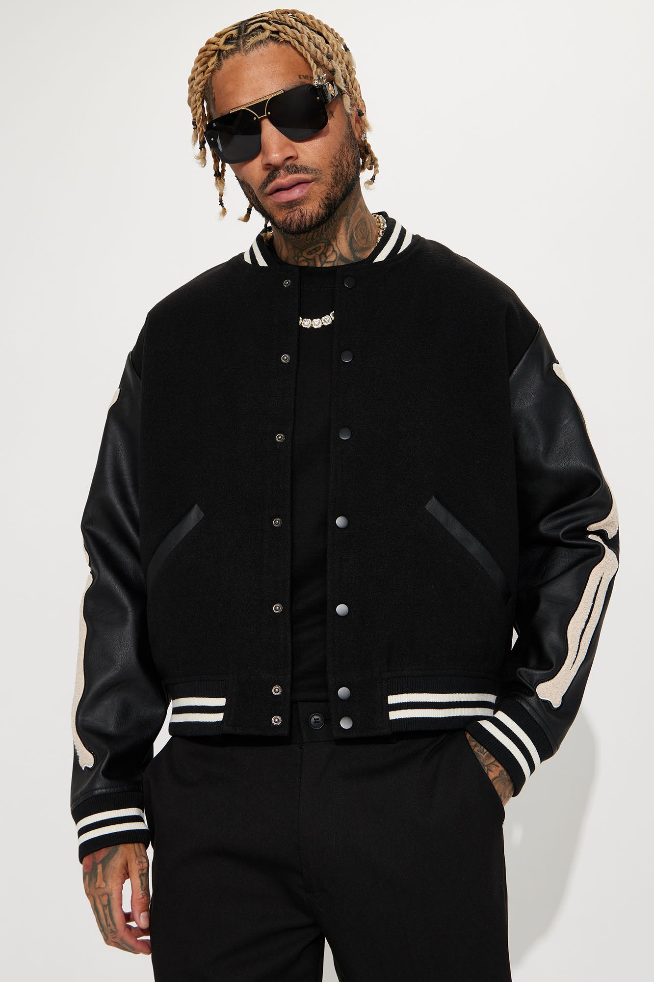Bone Applique Varsity Bomber Jacket