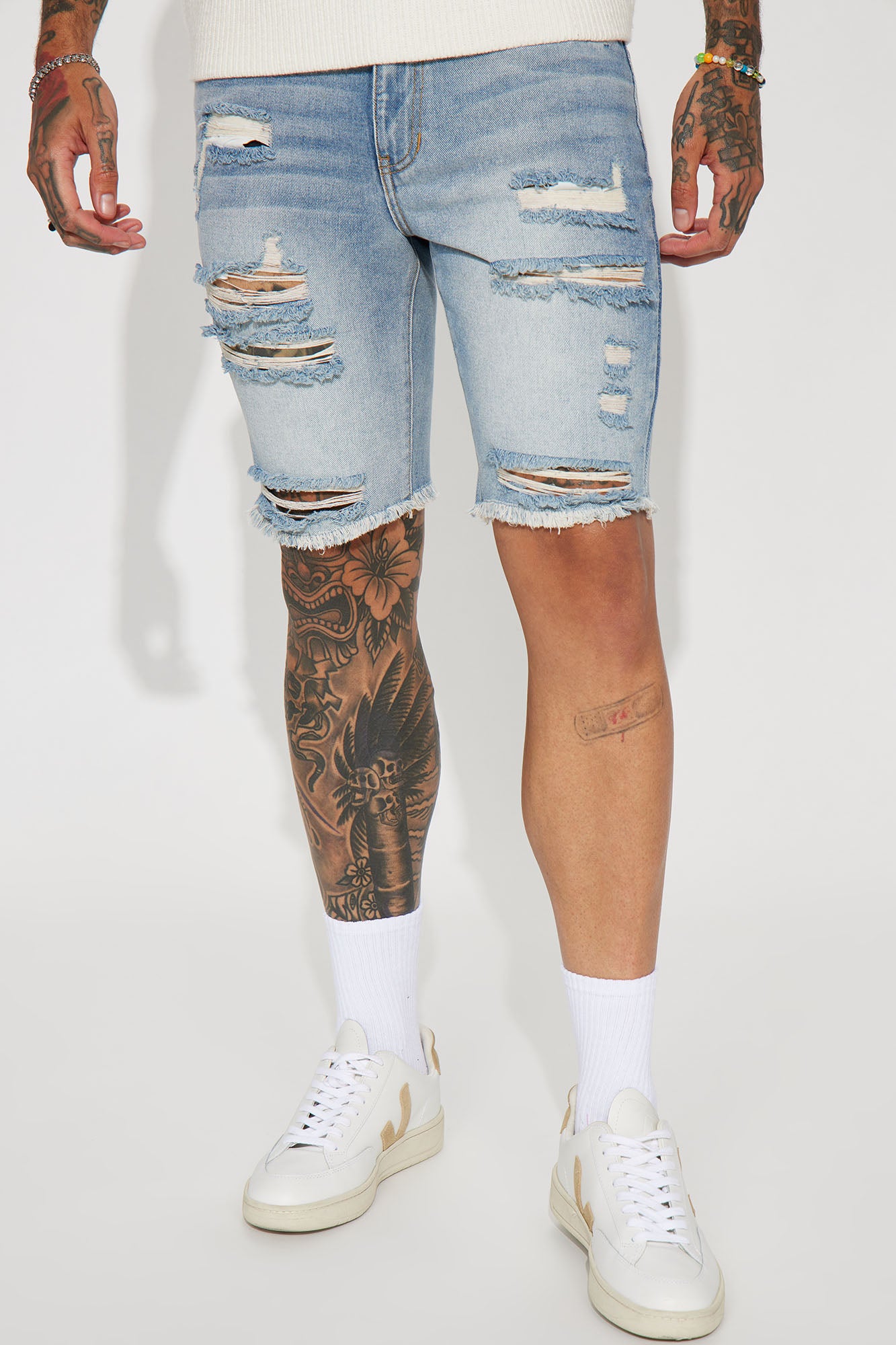 Back To It Distressed Raw Hem Slim Denim Shorts