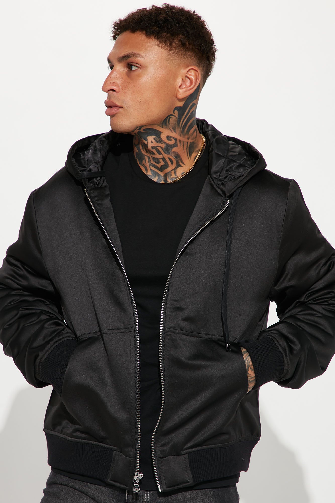 Padded Nylon Hooded Bomber Jacket