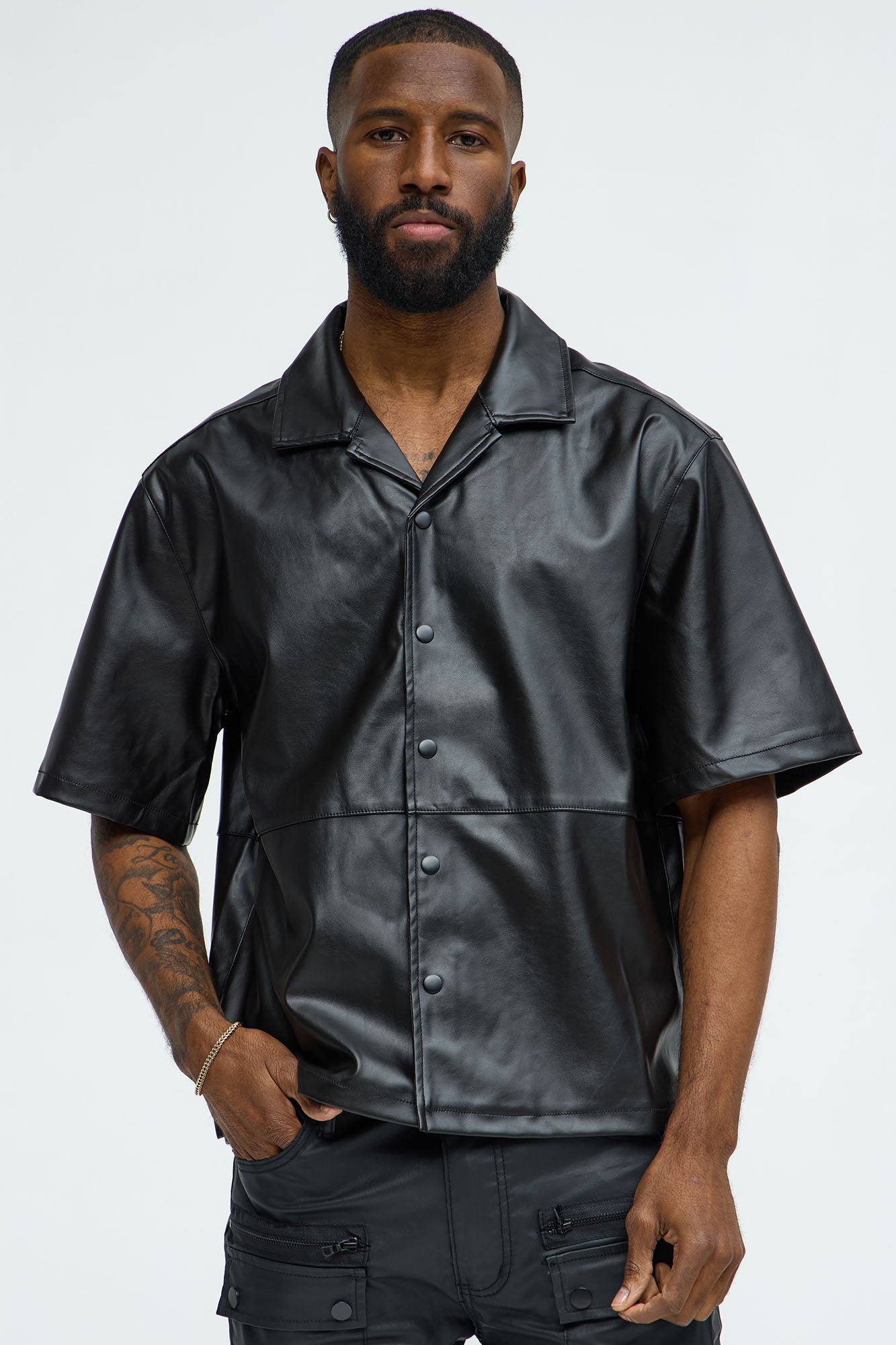 Slam Dunk Faux Leather Short Sleeve Button Up