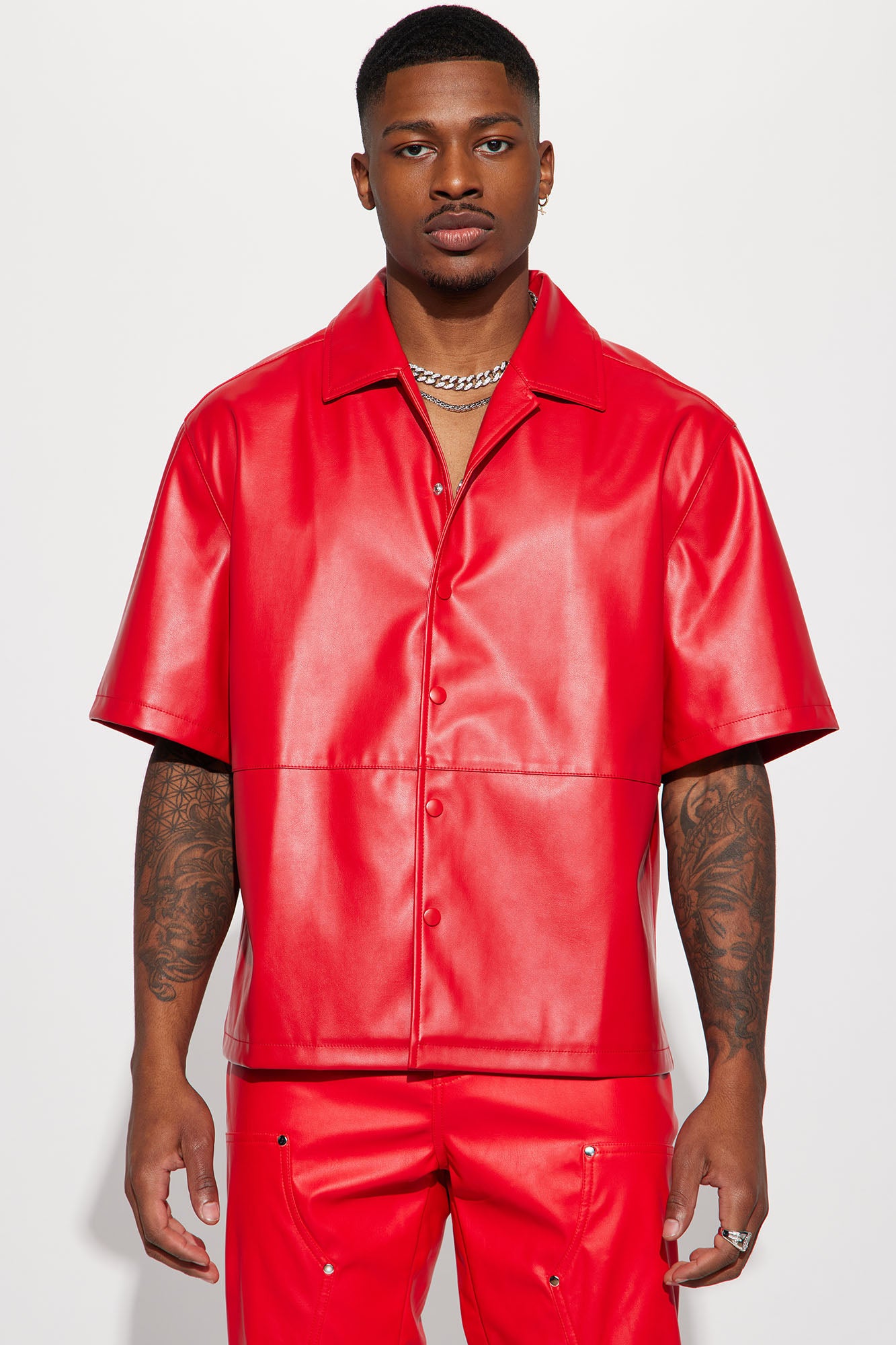 Slam Dunk Faux Leather Short Sleeve Button Up