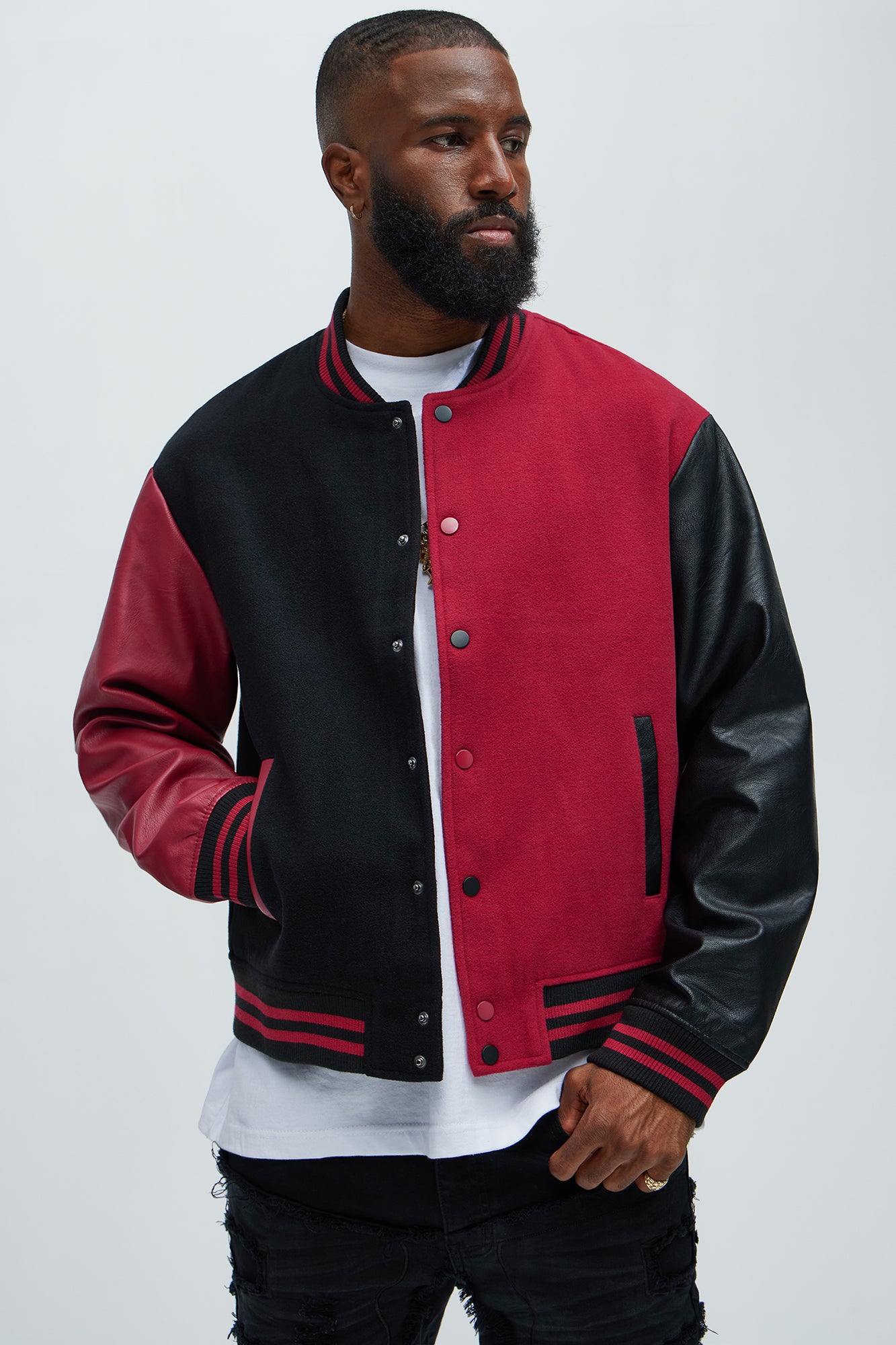 For The Books Faux Leather Sleeves Colorblock Varsity Jacket