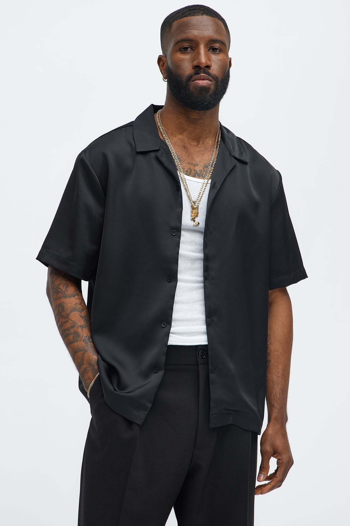 Links Satin Short Sleeve Button Up Shirt