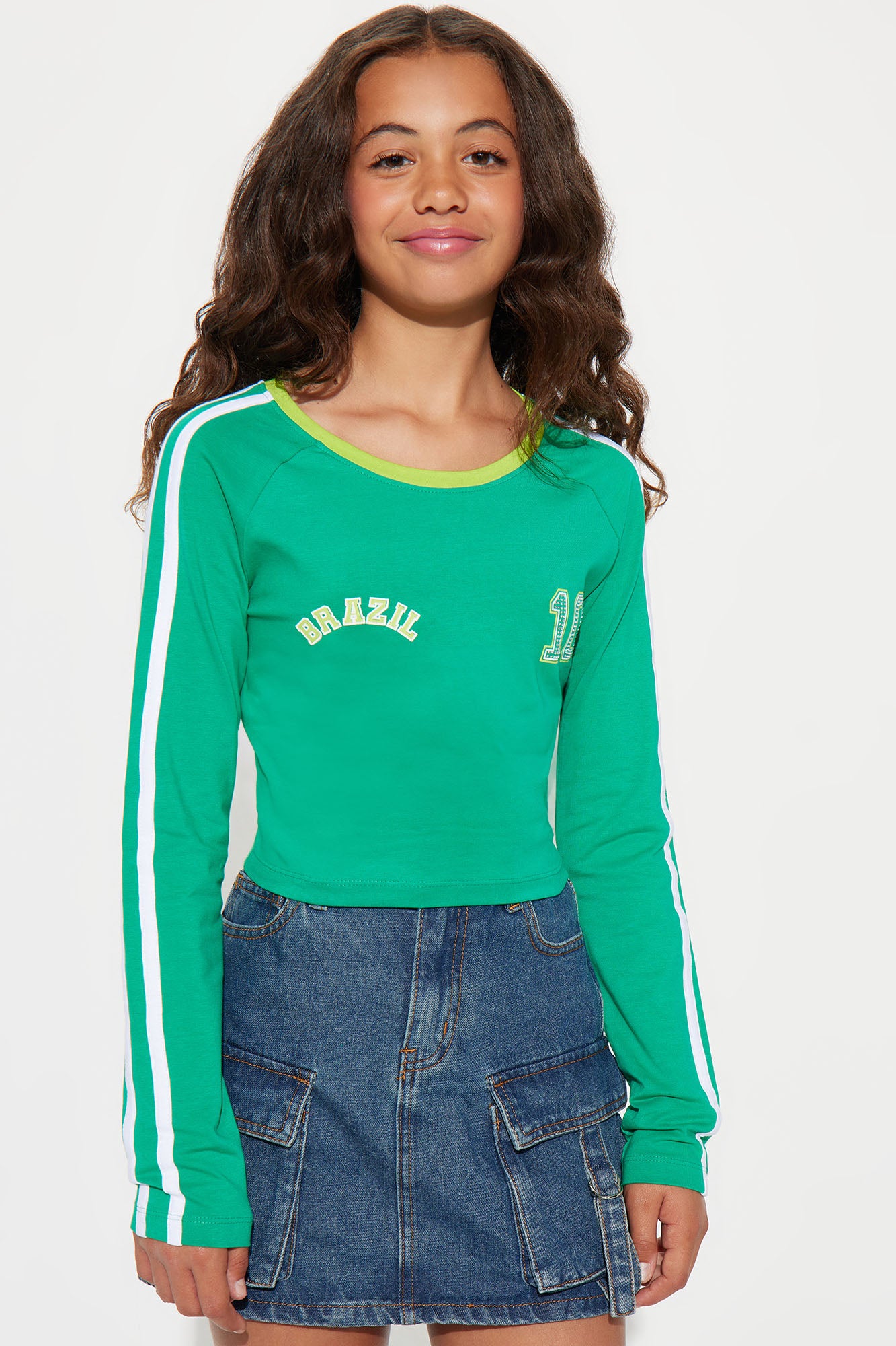 Mini 10 Brazil Green Long Sleeve Rhinestone Tee
