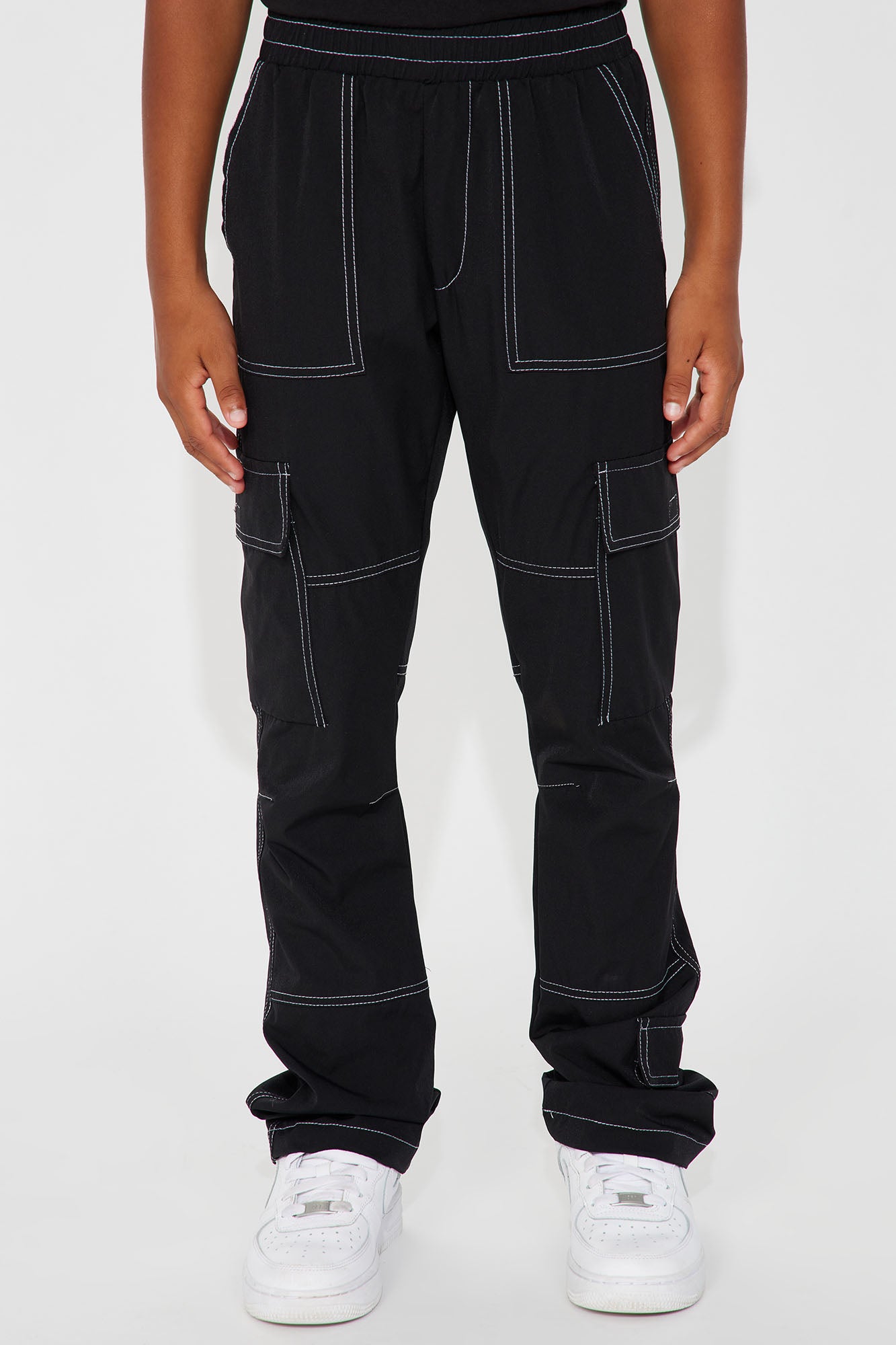Mini Contrast Stitched Nylon Cargo Flared Pants