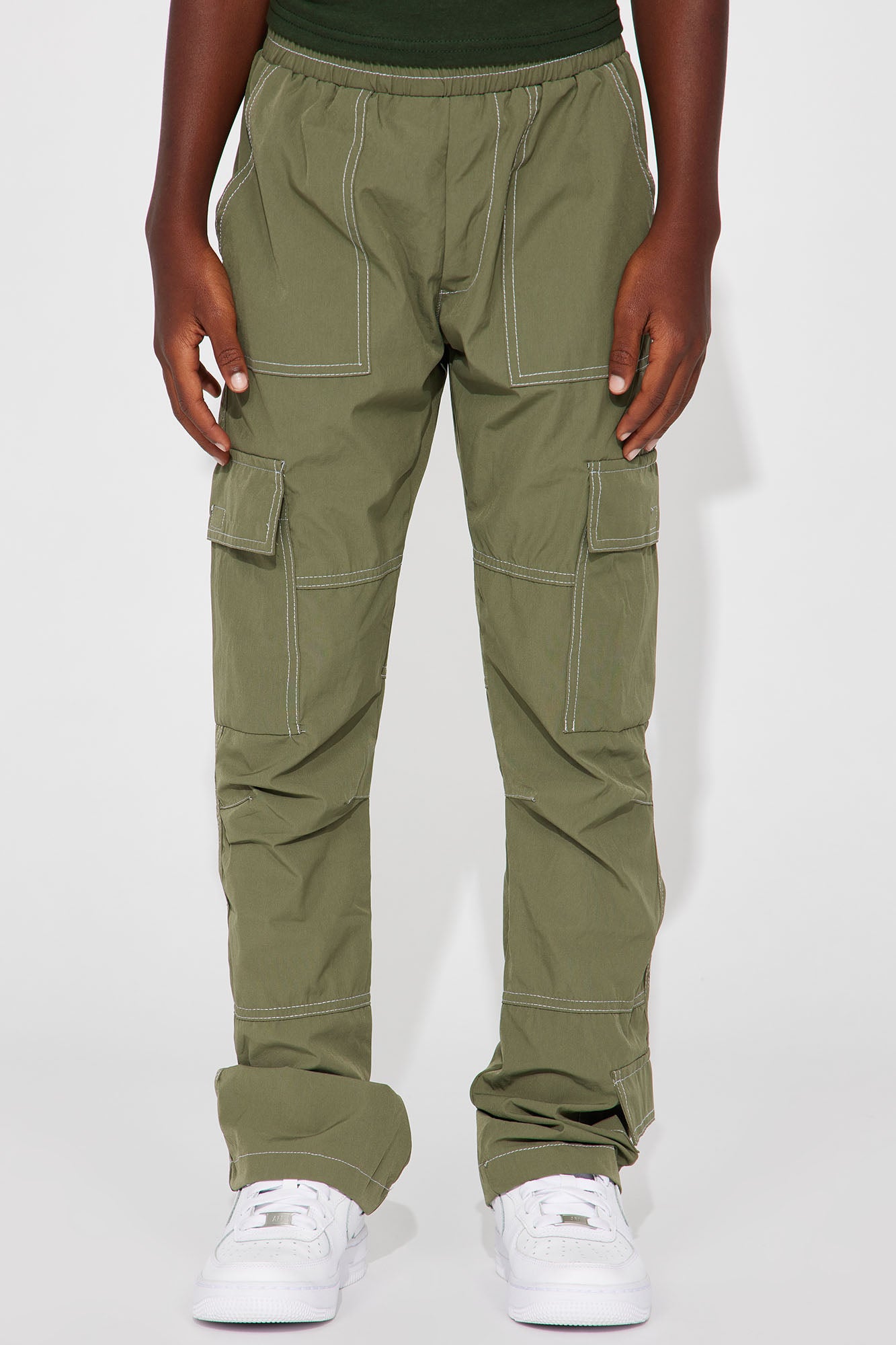 Mini Contrast Stitched Nylon Cargo Flared Pants