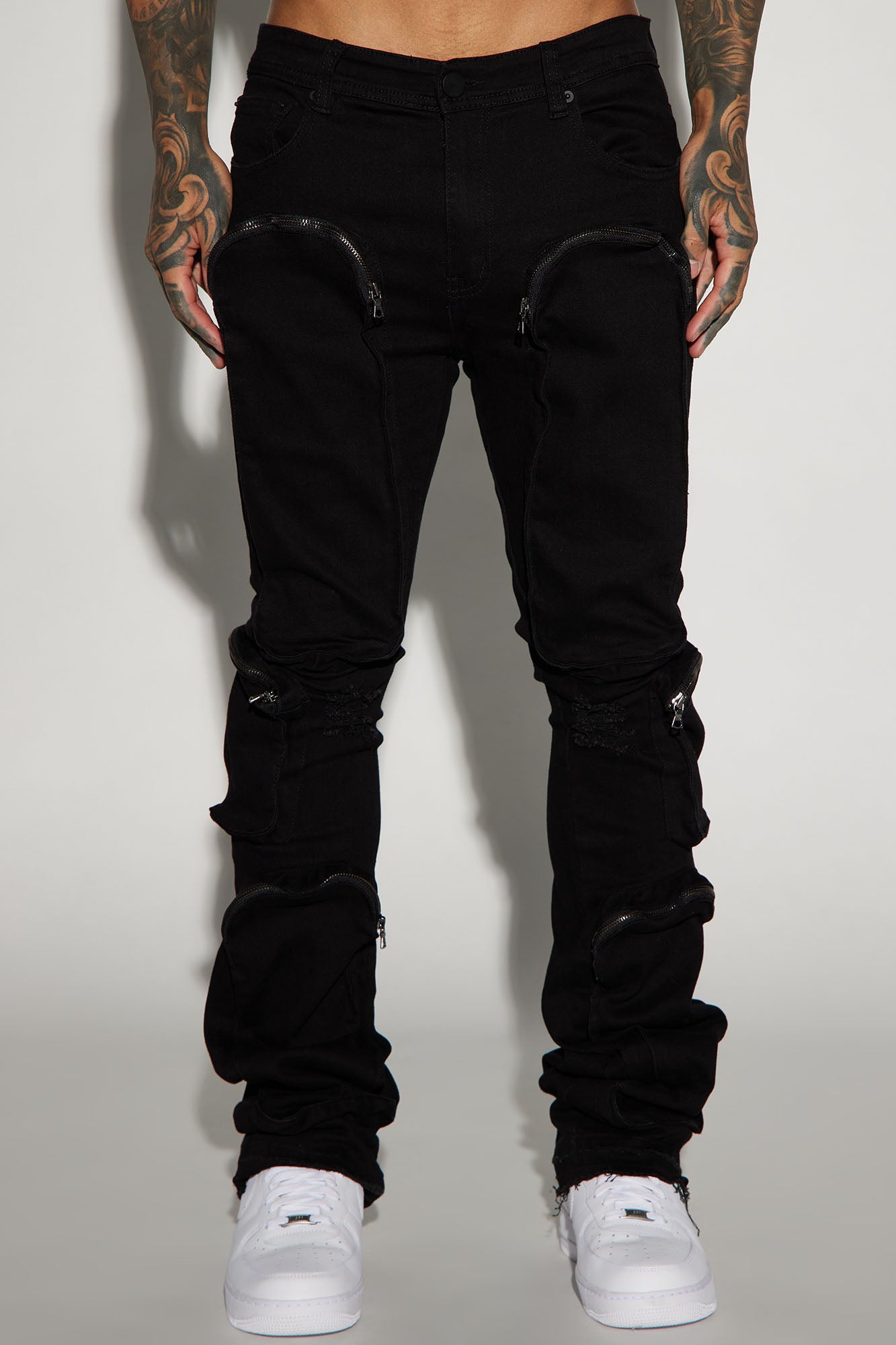 Many Pockets Cargo Stacked Skinny Flare Jeans