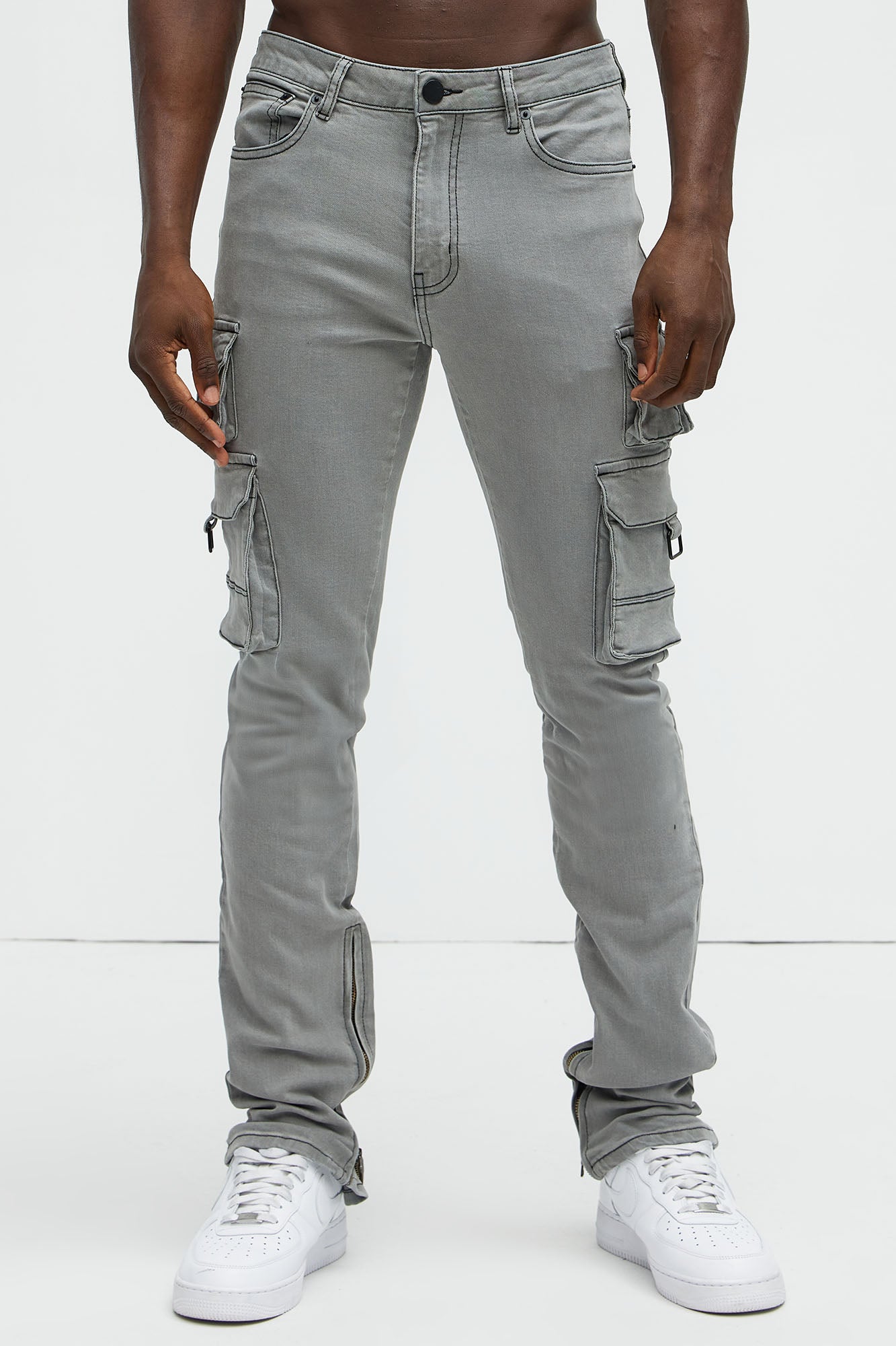Get This Cargo Stacked Skinny Zipper Flare Jeans