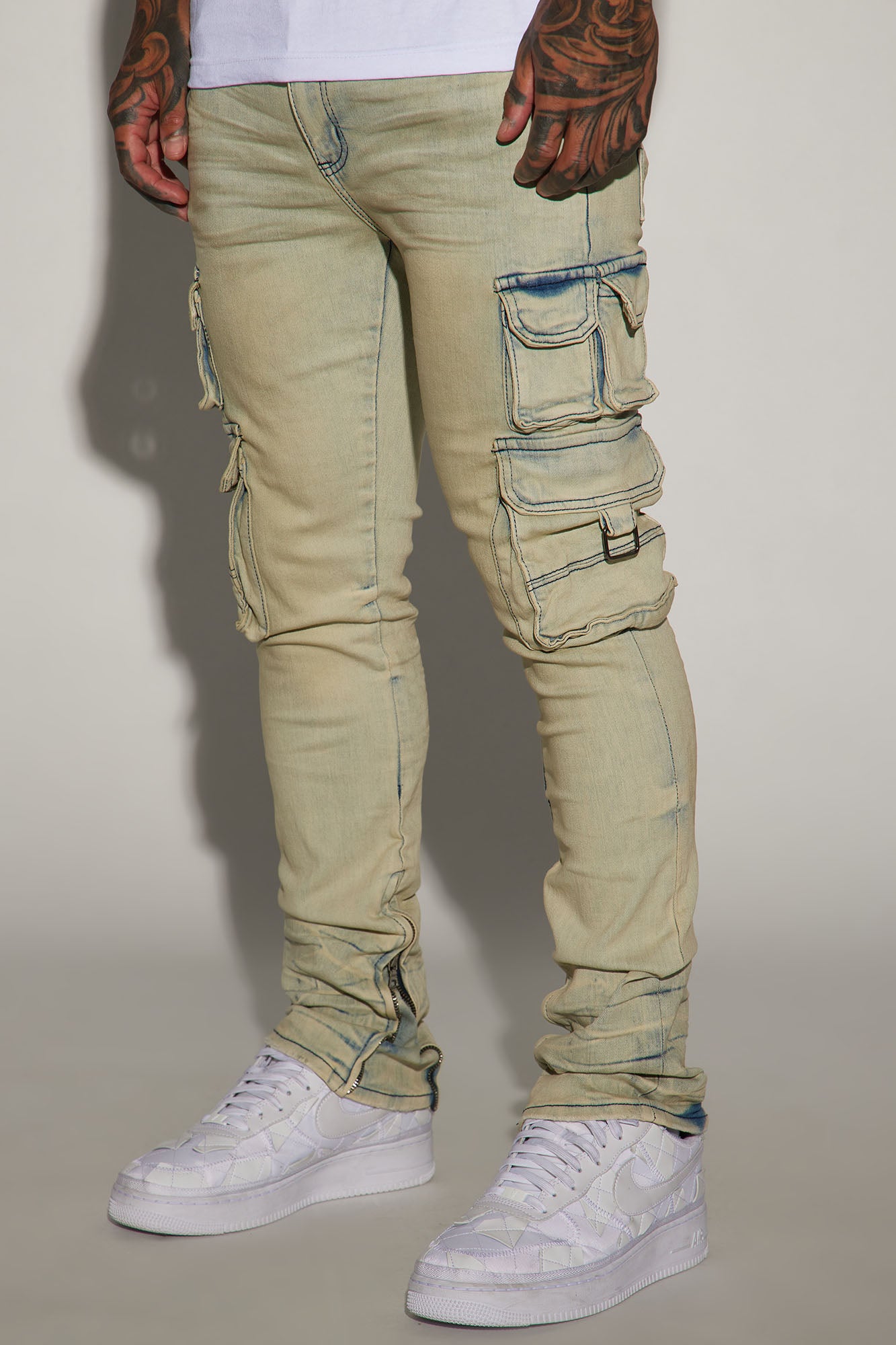 Get This Cargo Stacked Skinny Zipper Flare Jeans