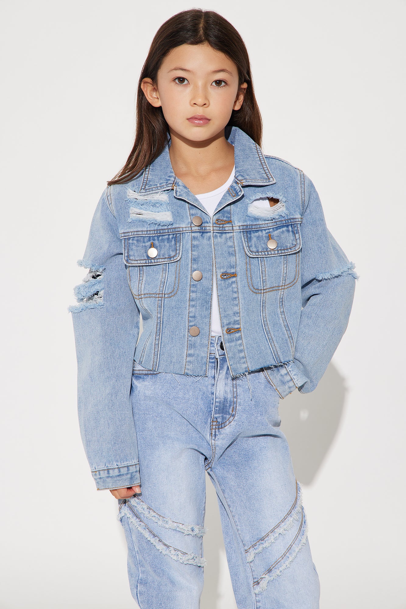 Mini Evelyn Distressed Cropped Denim Jacket