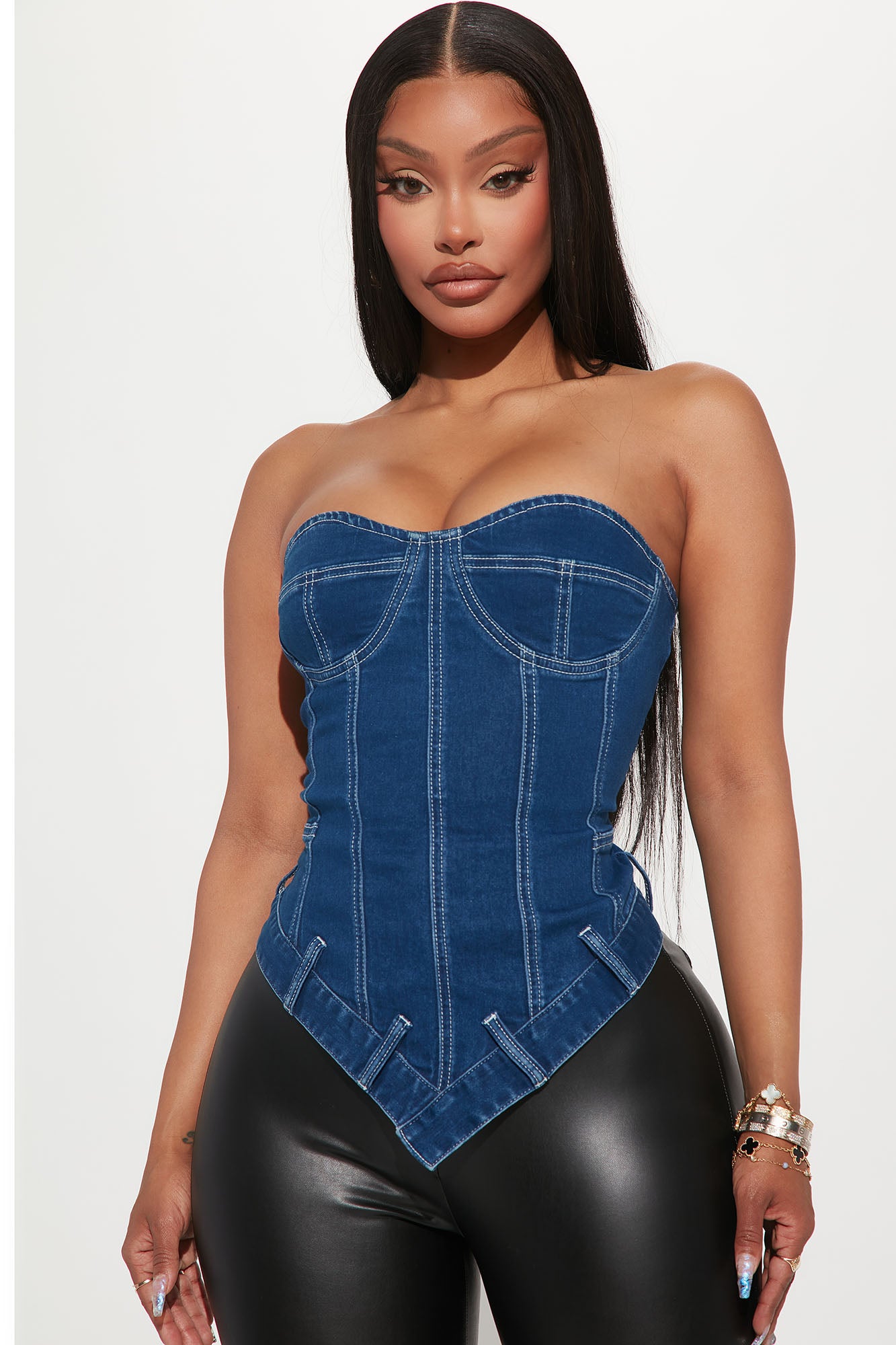 Tensions High Asymmetrical Denim Corset Top