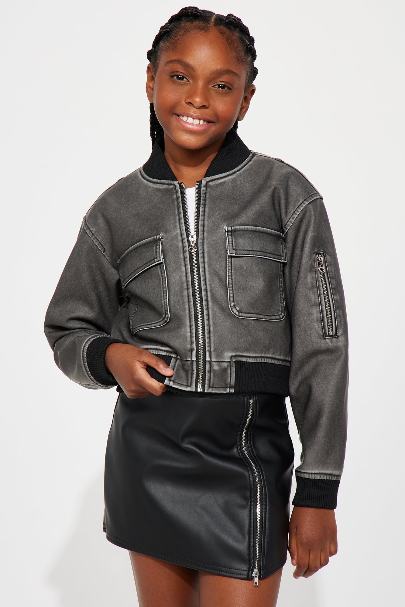 Mini Still Fly Washed Faux Leather Bomber Jacket