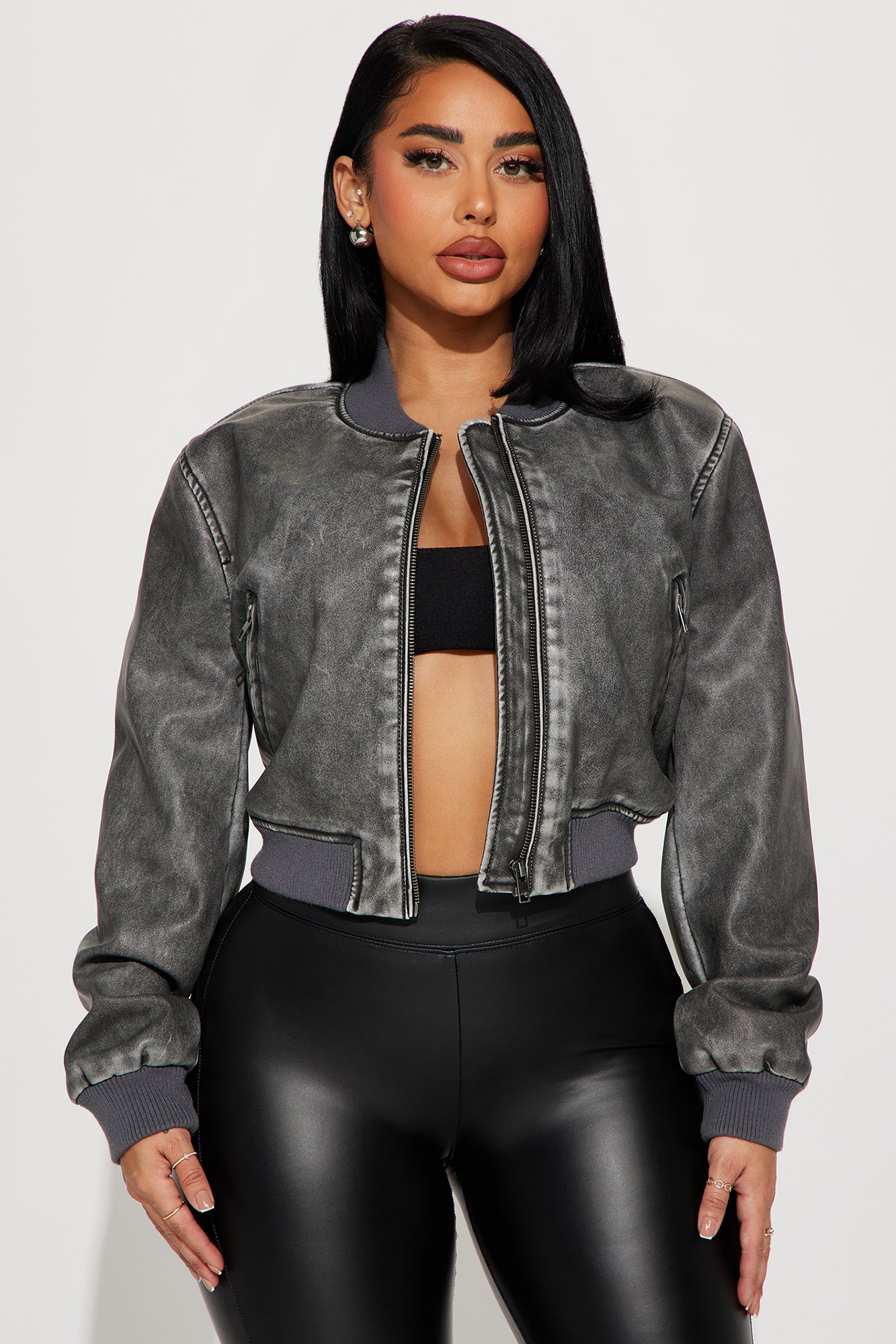 Zoe Washed Faux Leather Bomber Jacket