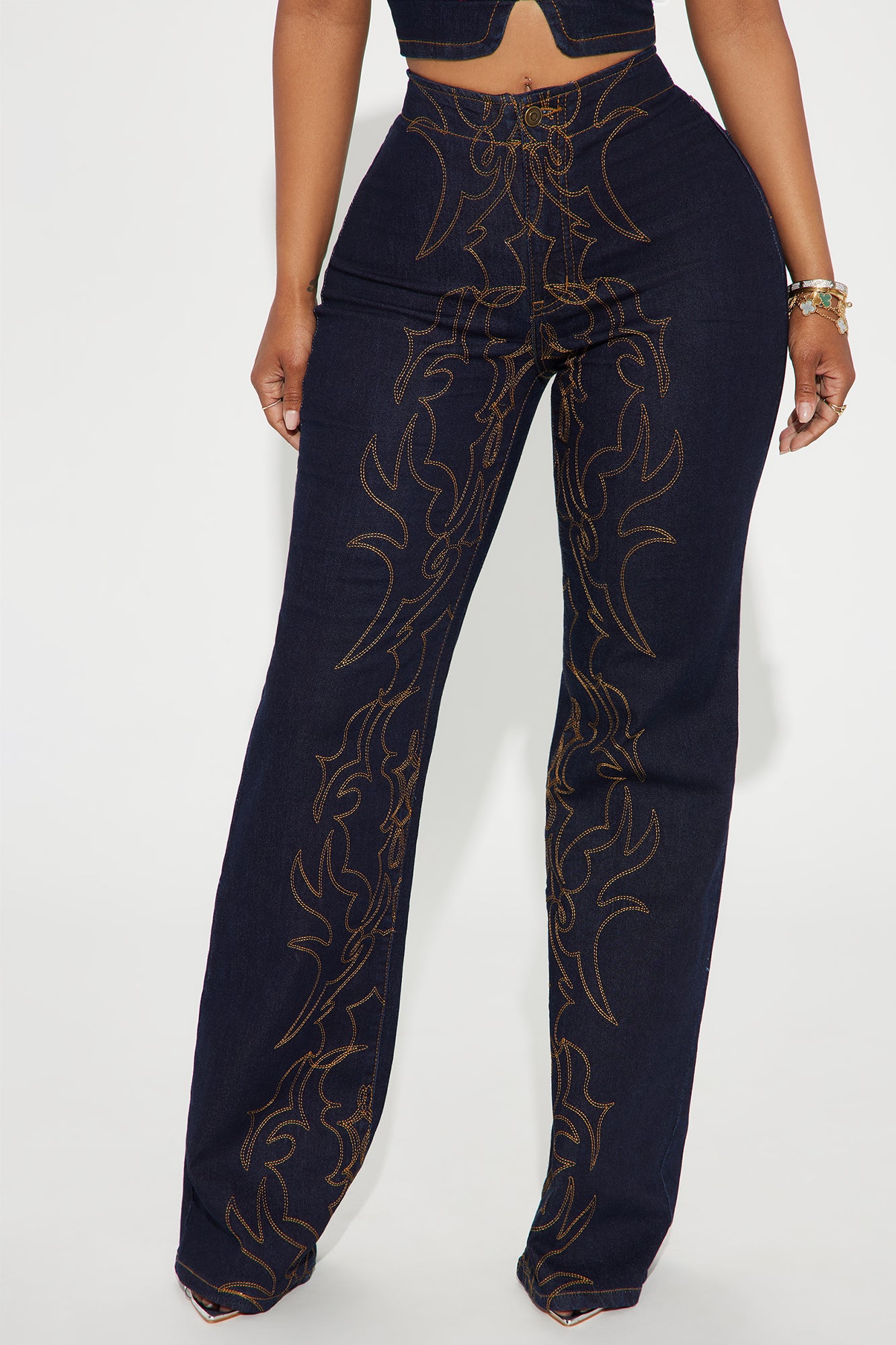 Take The Reigns Embroidered Stretch Wide Leg Jeans
